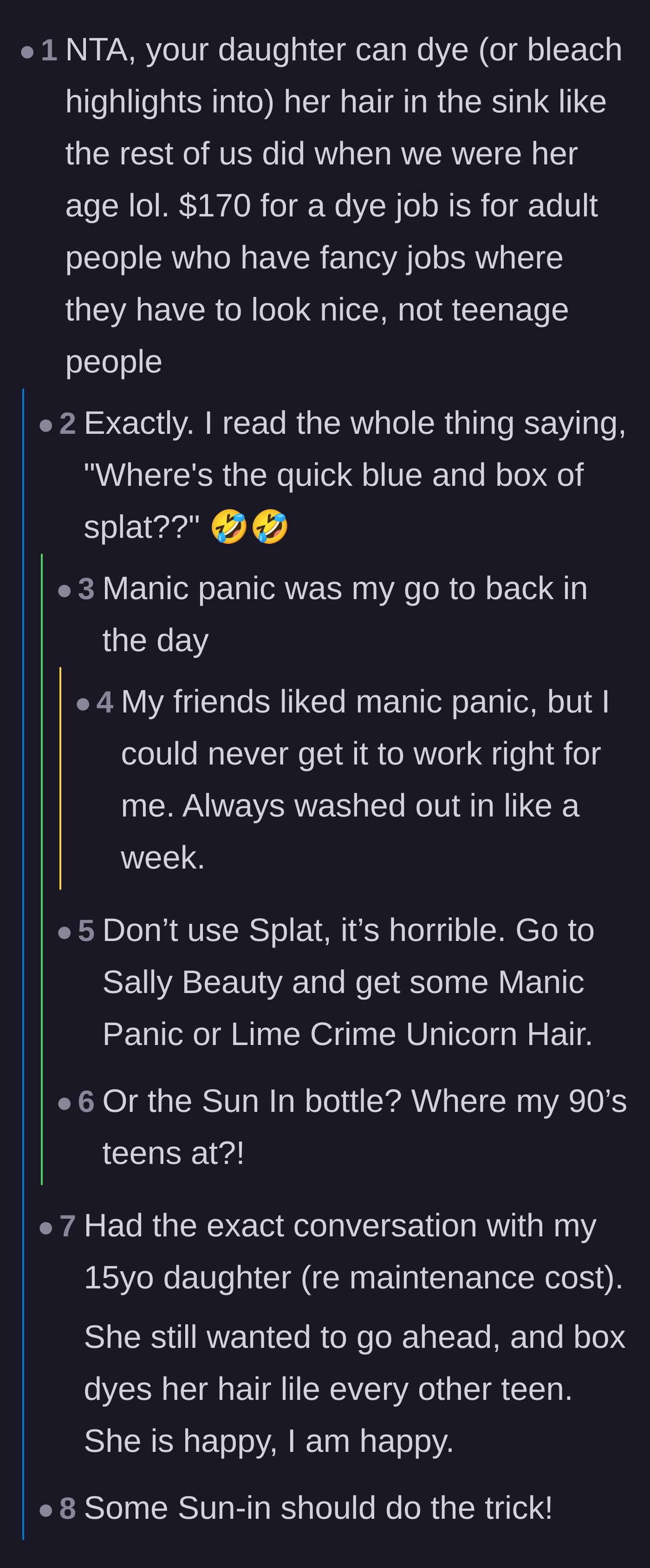 Comment thread 2 - Commenters nostalgically recall using cheap box dye in the bathroom sink instead of expecting $170 professional salon jobs.