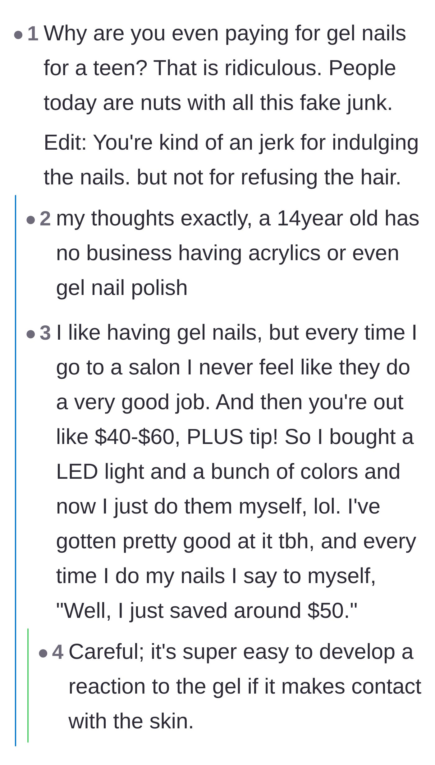Comment thread 5 - A blunt reaction criticizing the absurdity of paying for professional gel nails for a middle schooler.