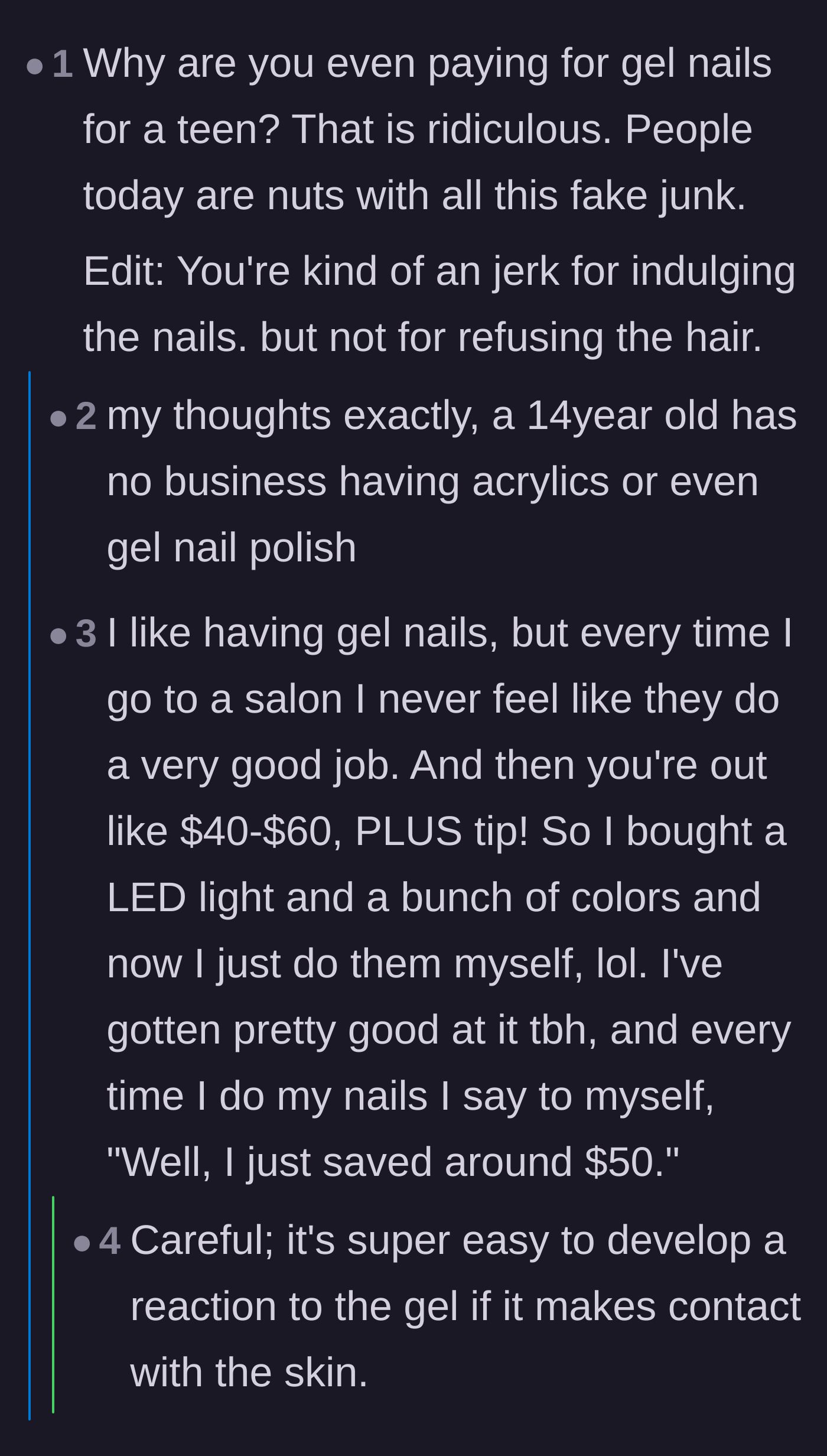 Comment thread 5 - A blunt reaction criticizing the absurdity of paying for professional gel nails for a middle schooler.