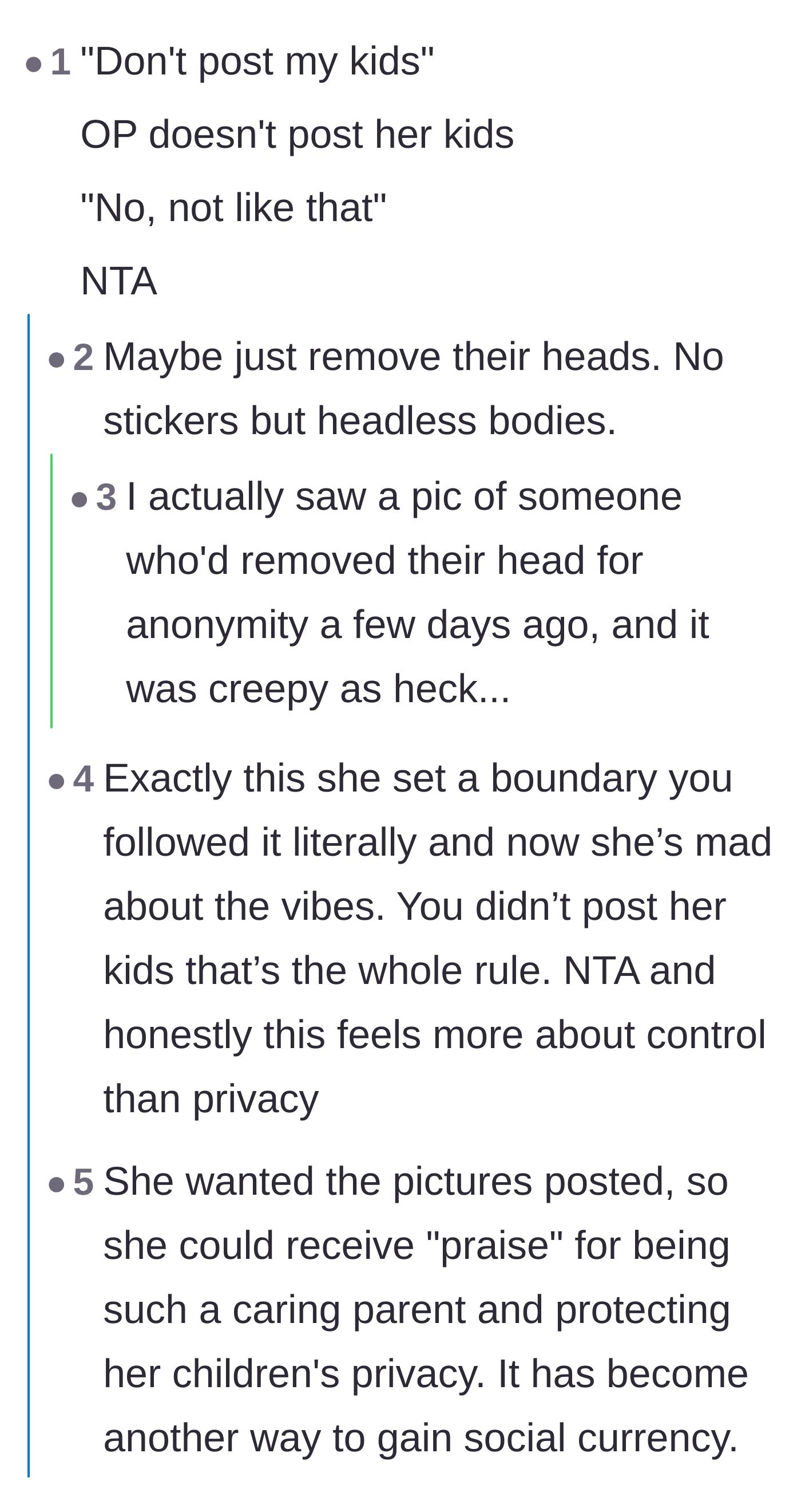 Comment thread 2 - A humorous breakdown of the sister-in-law's contradictory logic, complete with absurd alternative suggestions like headless photos.