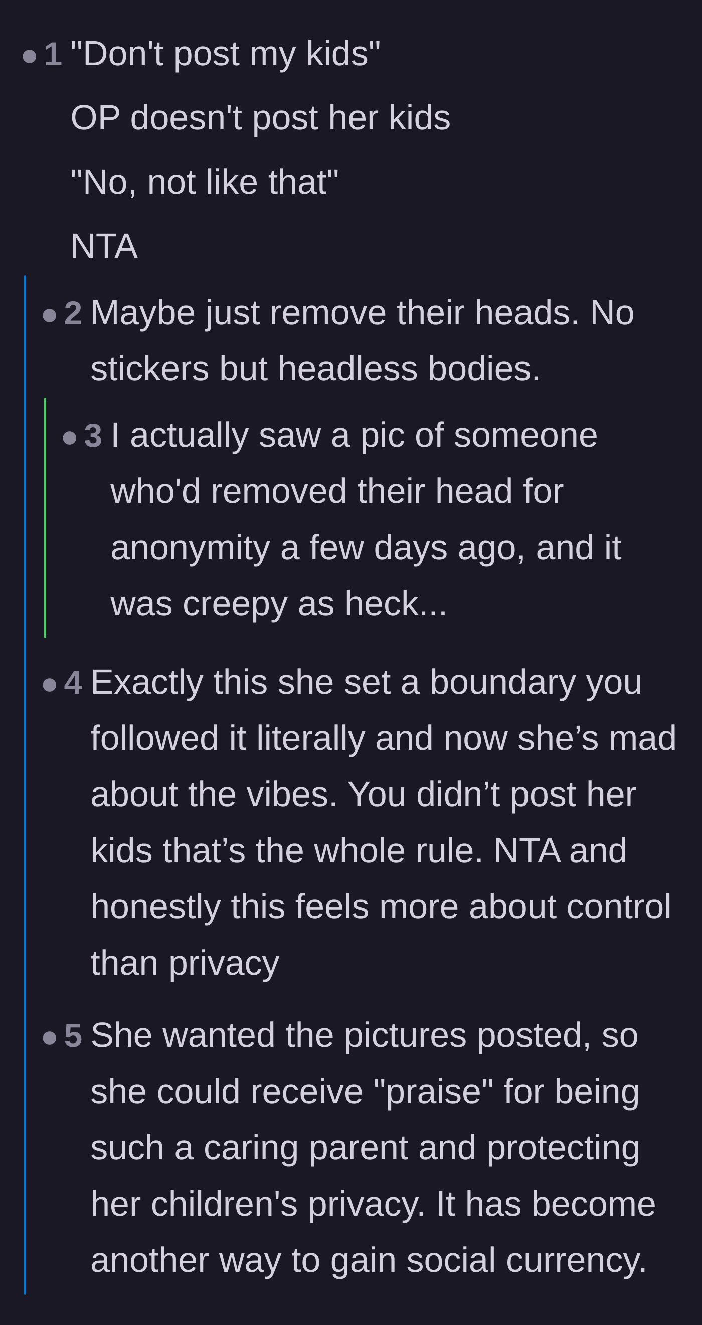 Comment thread 2 - A humorous breakdown of the sister-in-law's contradictory logic, complete with absurd alternative suggestions like headless photos.