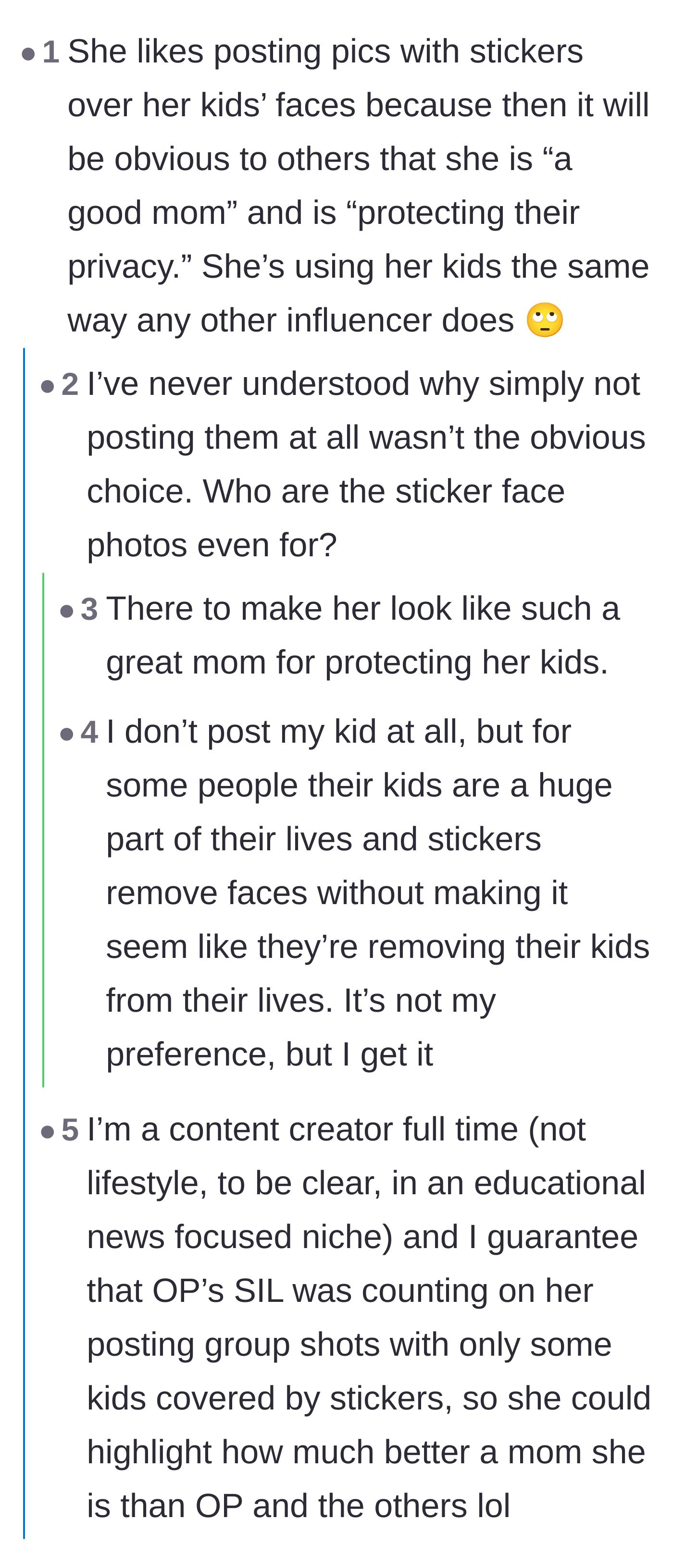 Comment thread 3 - An analysis of how hiding kids' faces with digital stickers is often used as a performative status symbol for influencers.
