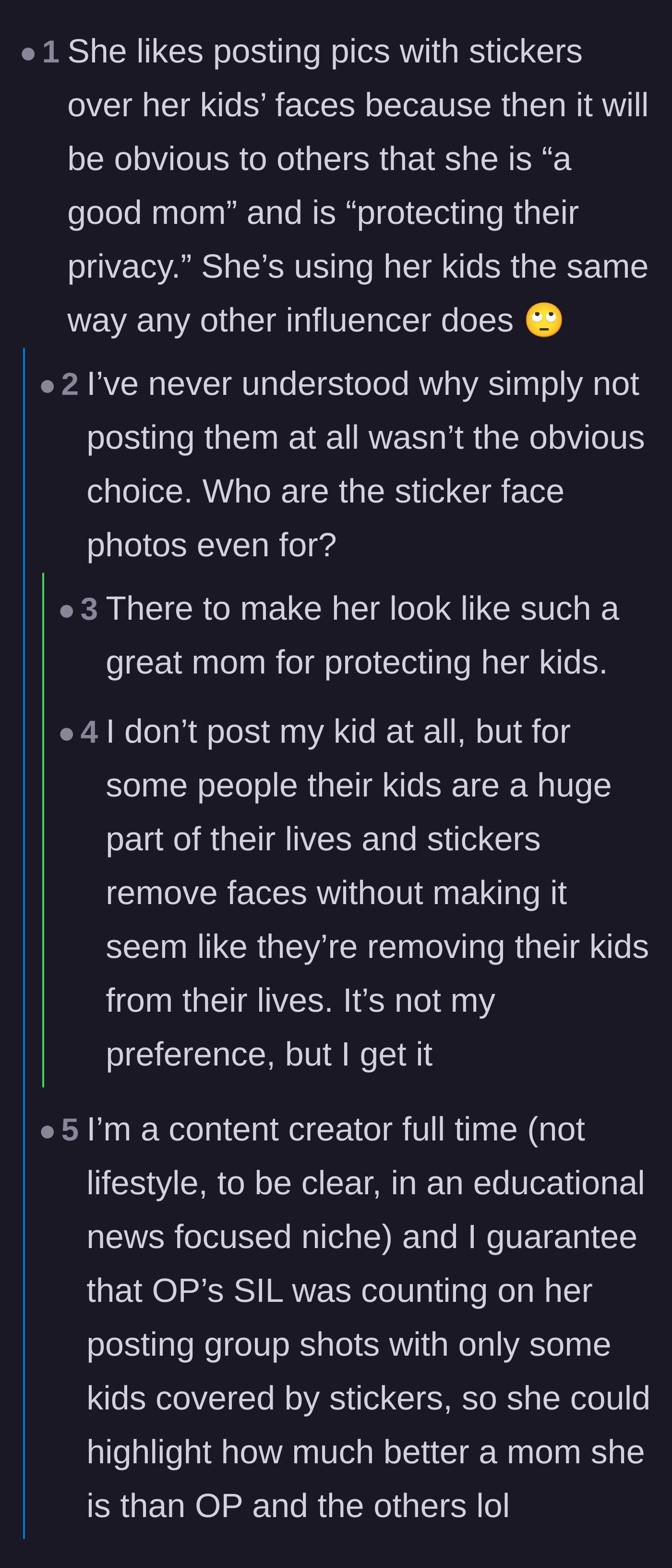 Comment thread 3 - An analysis of how hiding kids' faces with digital stickers is often used as a performative status symbol for influencers.