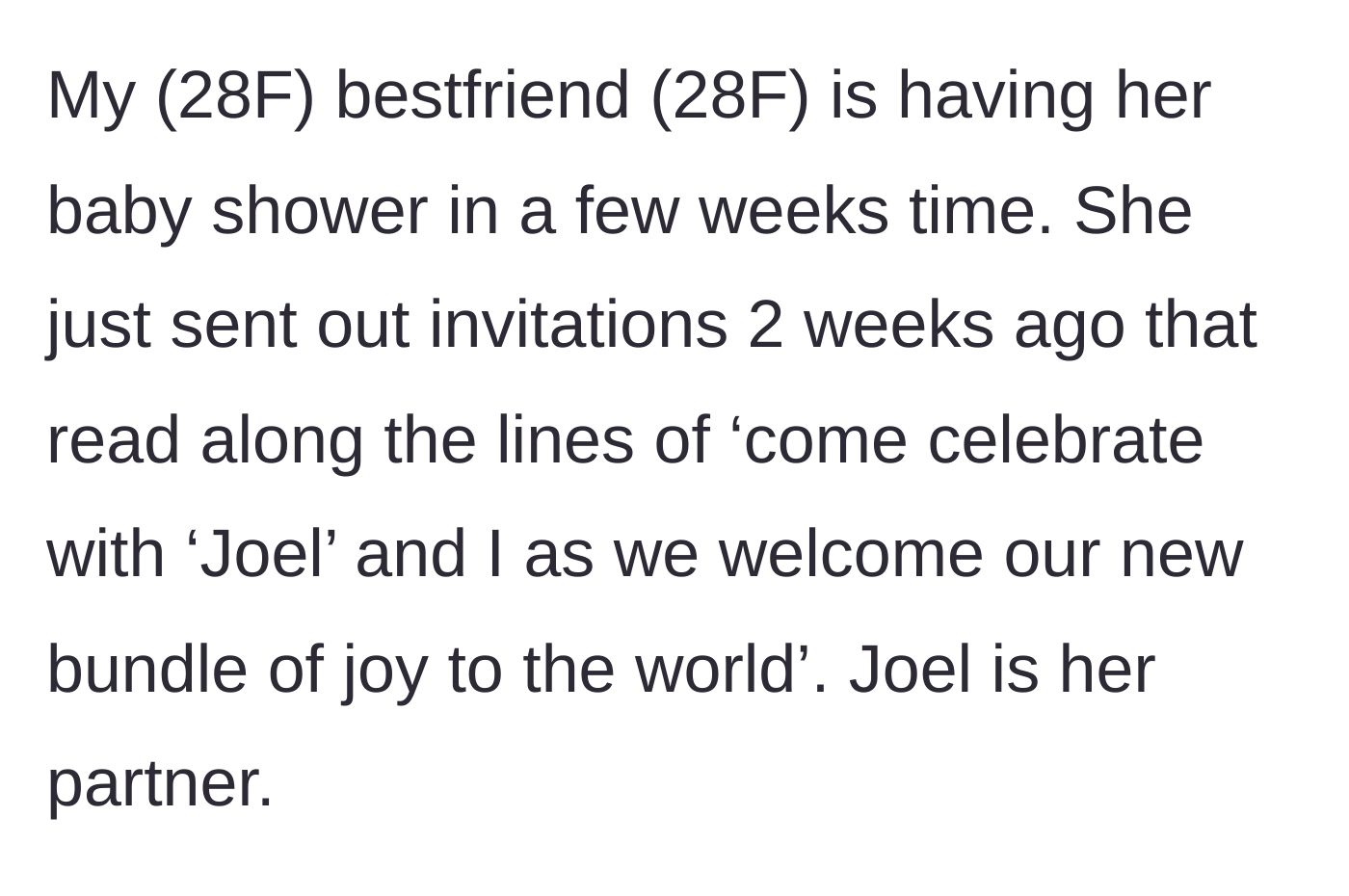 Story part 1 - A baby shower invitation from a 28-year-old best friend, hosted with her partner, Joel.