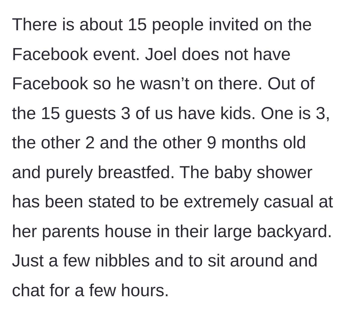Story part 2 - Details of a casual 15-person backyard shower, noting three guests already have young children.