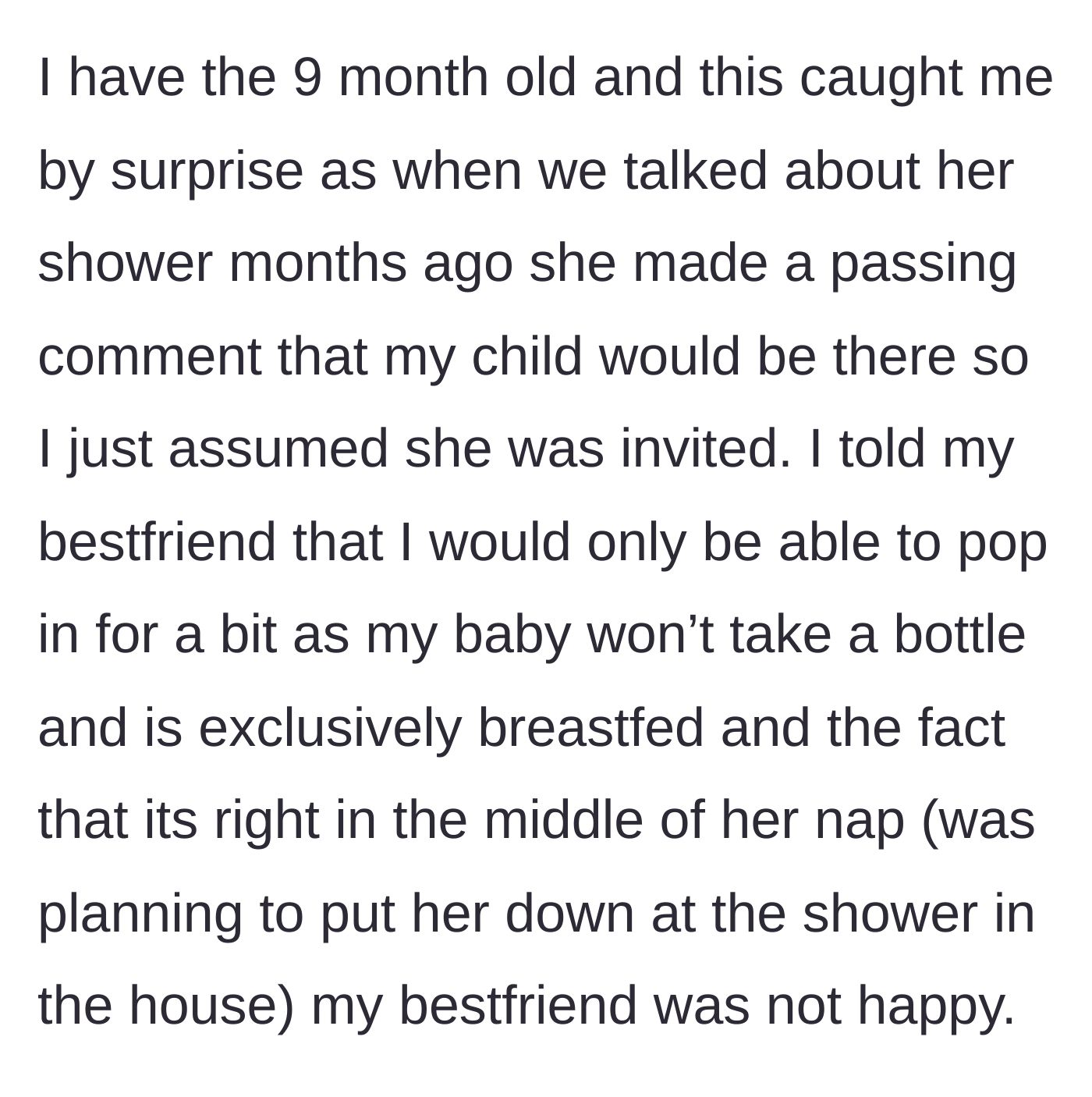 Story part 5 - The main character explains she can only briefly attend due to her breastfed baby's schedule, angering the host.
