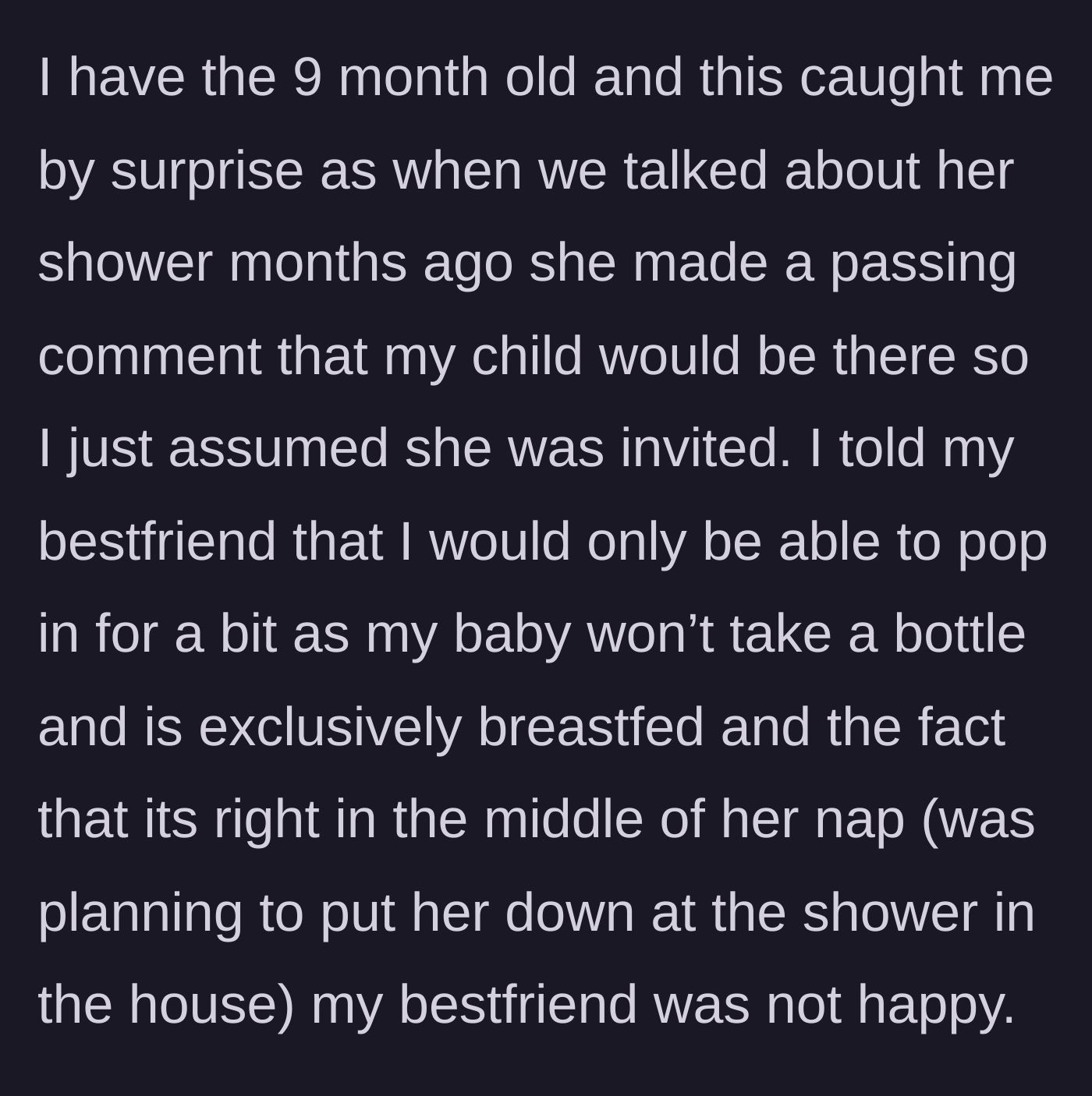 Story part 5 - The main character explains she can only briefly attend due to her breastfed baby's schedule, angering the host.