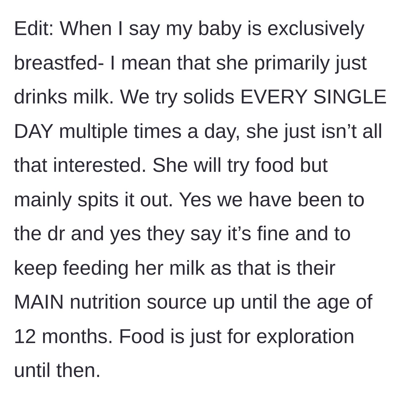 Story part 7 - The main character defensively explains her baby's diet, citing medical advice that milk is the primary nutrition until 12 months.