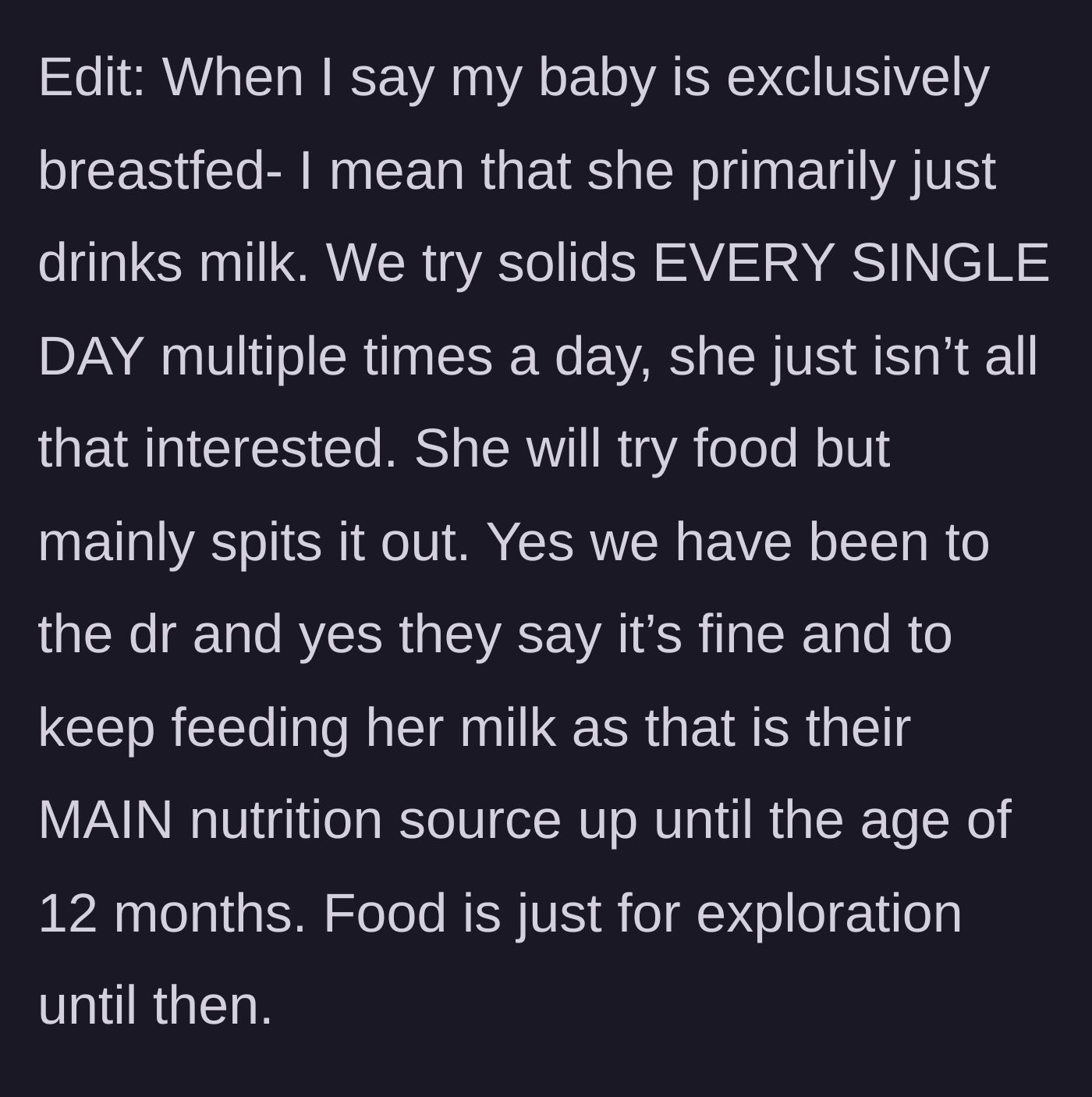 Story part 7 - The main character defensively explains her baby's diet, citing medical advice that milk is the primary nutrition until 12 months.