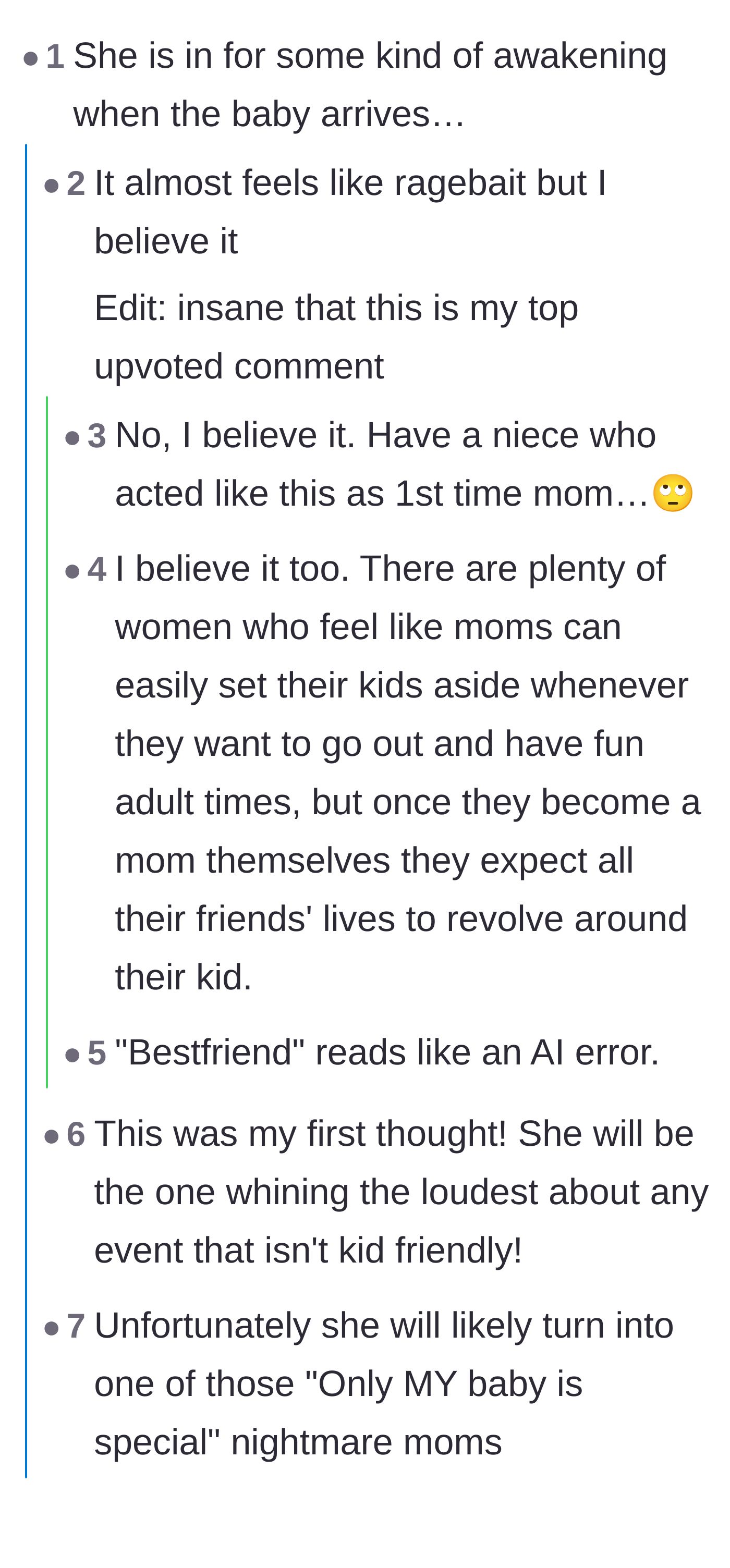 Comment thread 1 - Readers predicting the host will soon demand her own child be included in everything, highlighting main character syndrome.