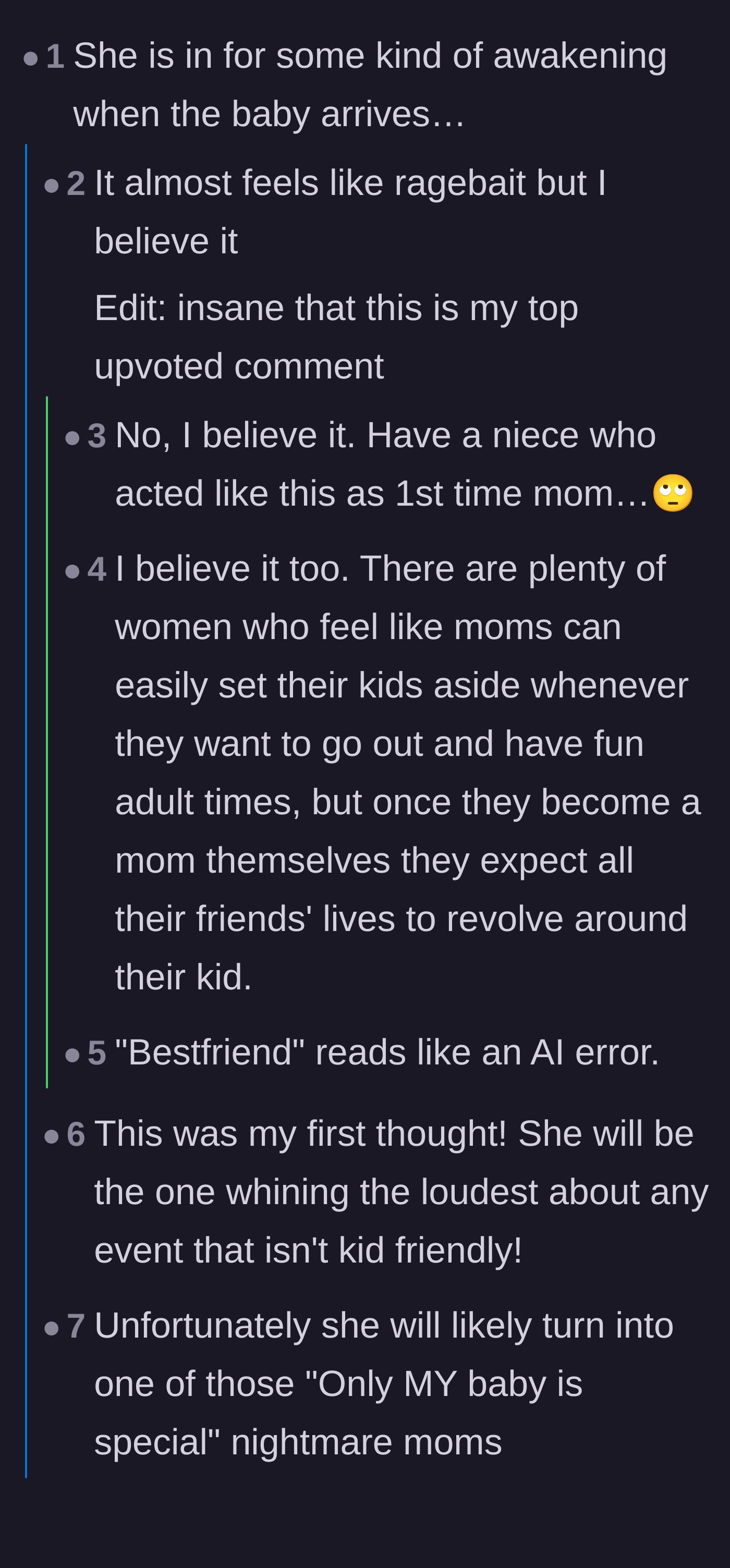 Comment thread 1 - Readers predicting the host will soon demand her own child be included in everything, highlighting main character syndrome.