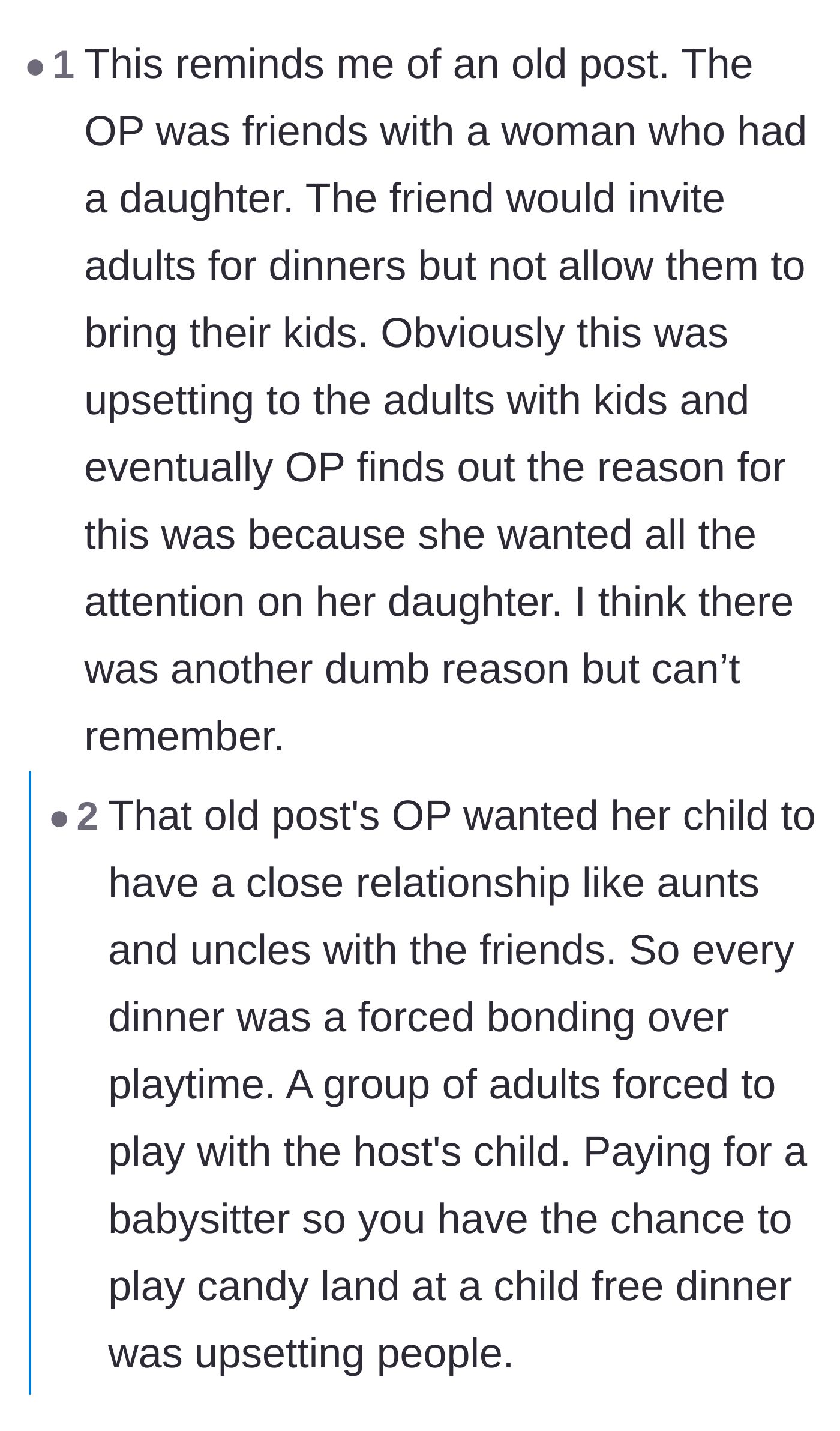 Comment thread 2 - A comparison to a past Reddit story where an entitled mother forced adult guests to entertain her child.