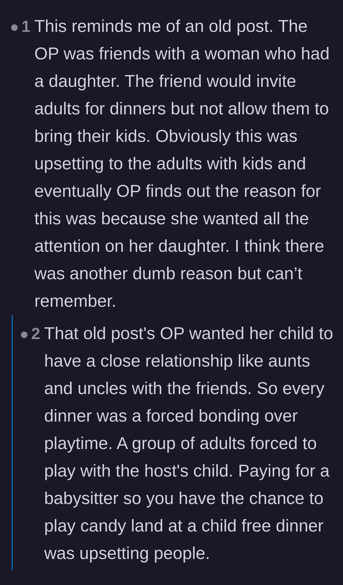 Comment thread 2 - A comparison to a past Reddit story where an entitled mother forced adult guests to entertain her child.