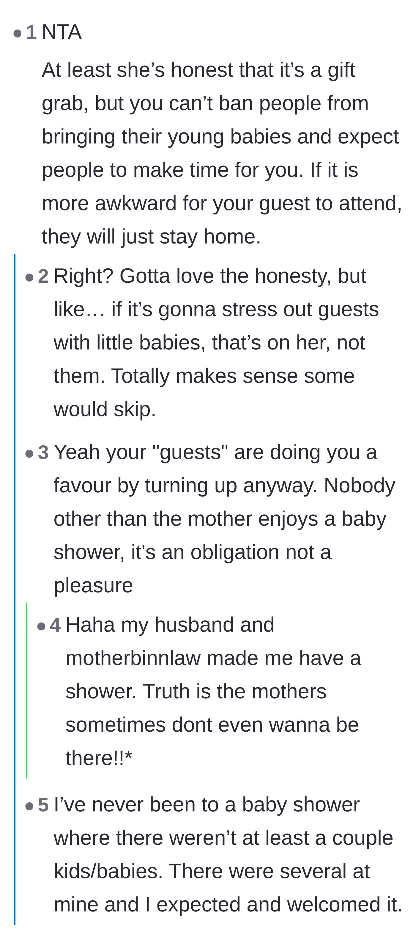 Comment thread 4 - Commenters pointing out that baby showers are often an obligation and banning infants gives guests an easy excuse to decline.