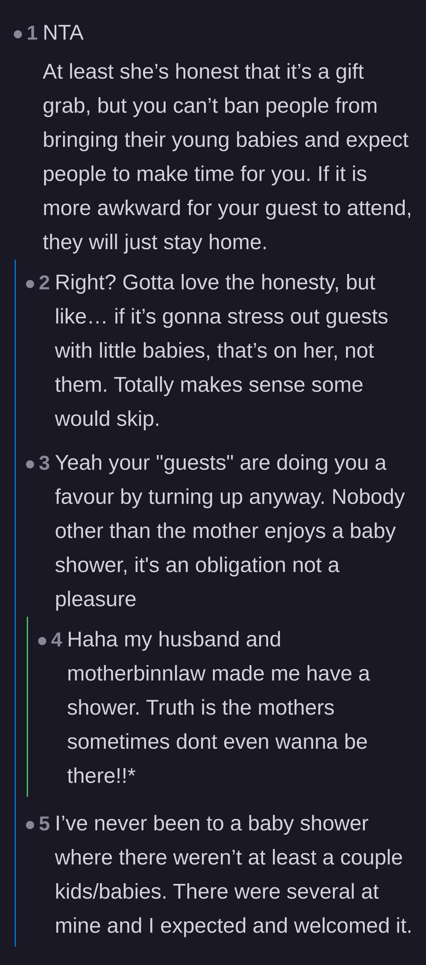 Comment thread 4 - Commenters pointing out that baby showers are often an obligation and banning infants gives guests an easy excuse to decline.