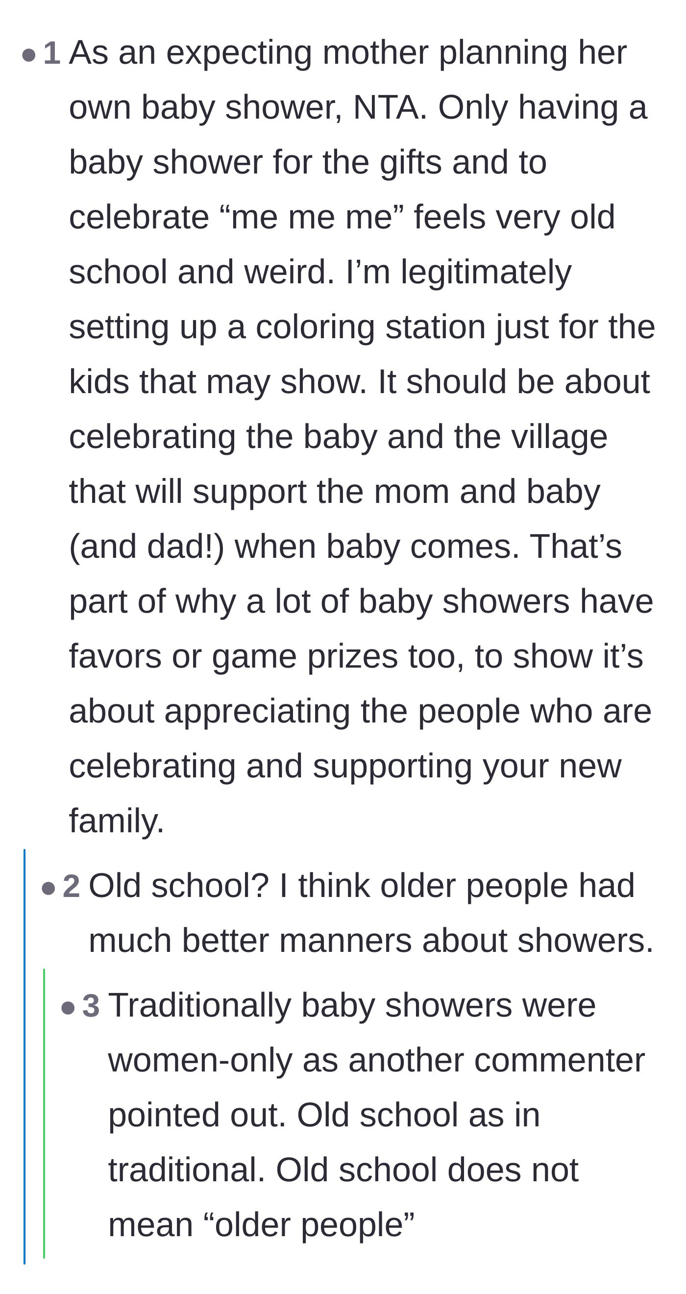 Comment thread 5 - A generational debate on whether traditional baby showers were inherently selfish or much more welcoming to children.
