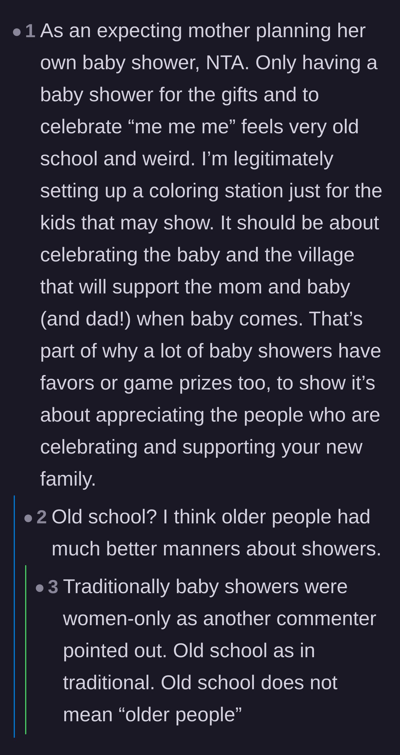 Comment thread 5 - A generational debate on whether traditional baby showers were inherently selfish or much more welcoming to children.
