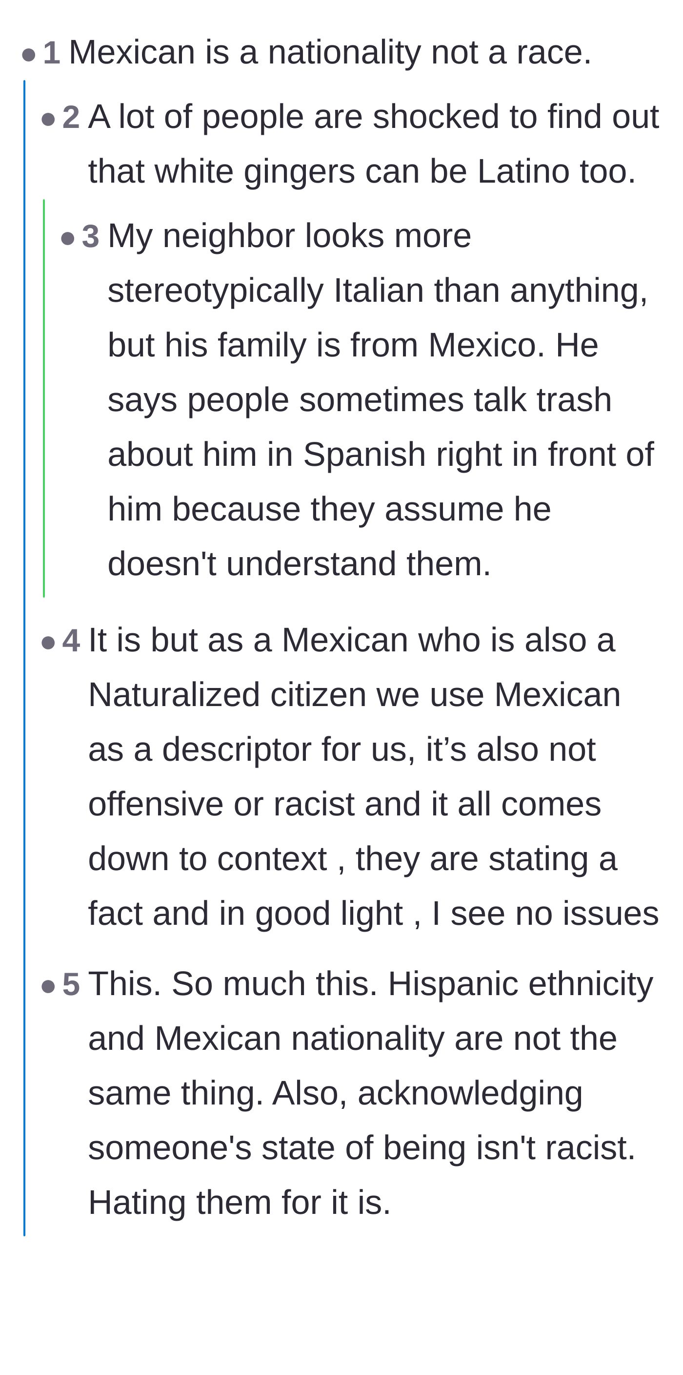 Comment thread 1 - A discussion breaking down how Mexican is a nationality, not a race, and sharing stories about white Latinos.
