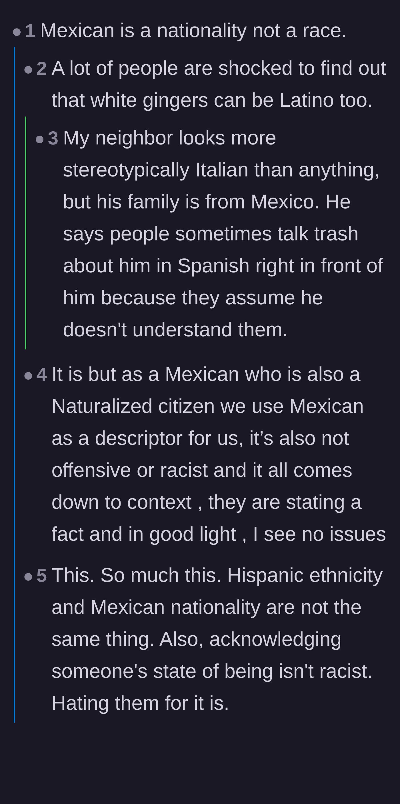 Comment thread 1 - A discussion breaking down how Mexican is a nationality, not a race, and sharing stories about white Latinos.