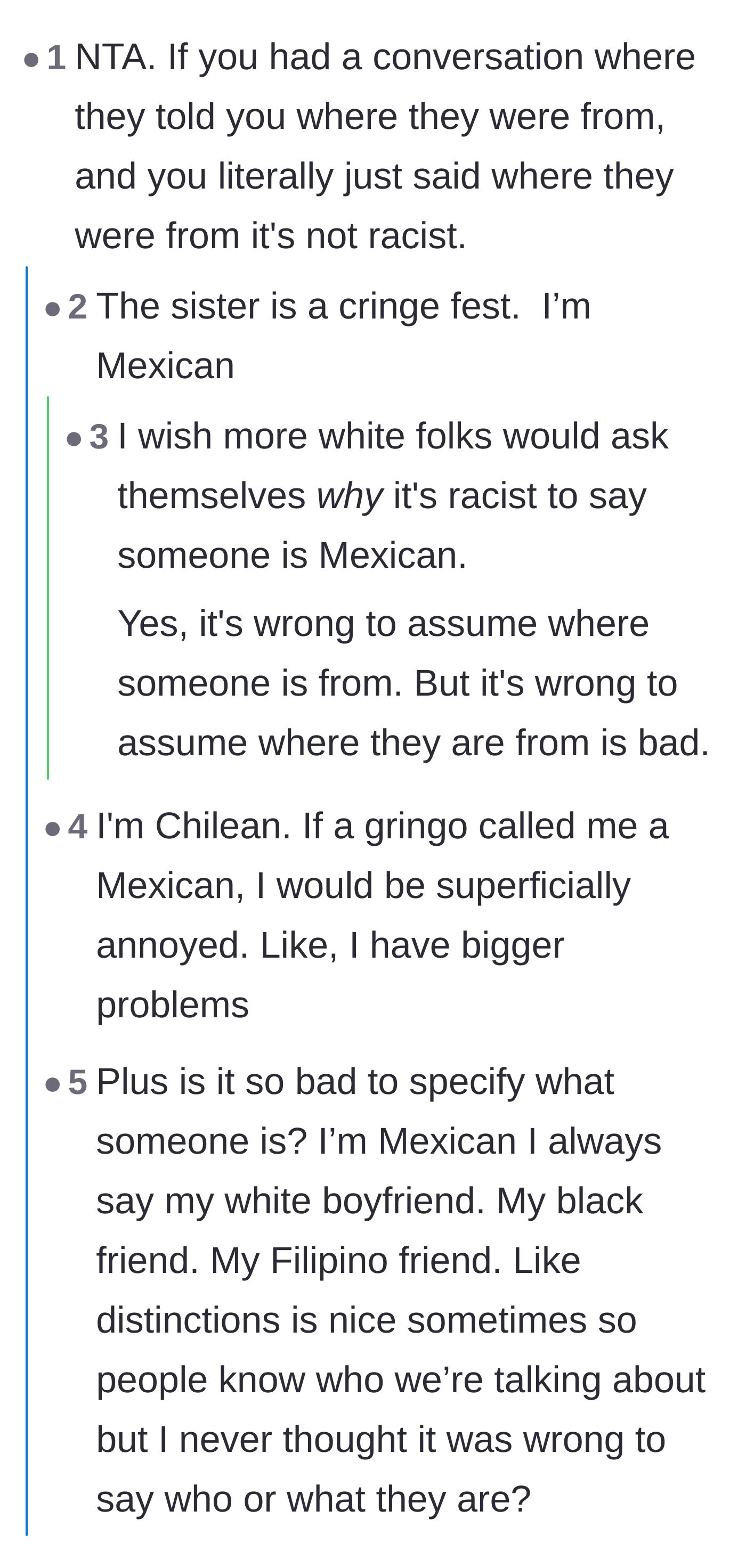 Comment thread 2 - Users explaining that cultural identifiers aren't racist unless used negatively, pointing out the sister's own internalized bias.