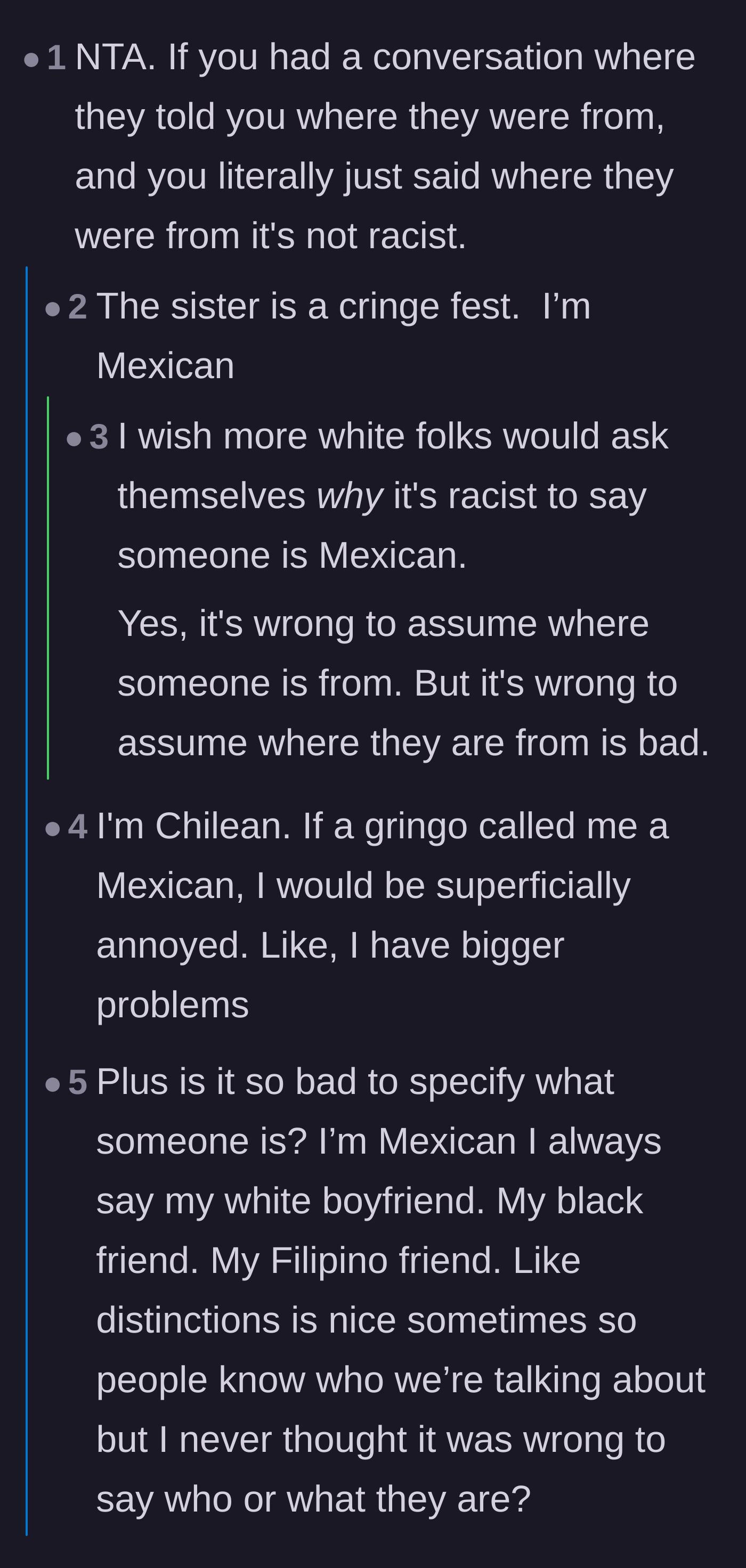 Comment thread 2 - Users explaining that cultural identifiers aren't racist unless used negatively, pointing out the sister's own internalized bias.
