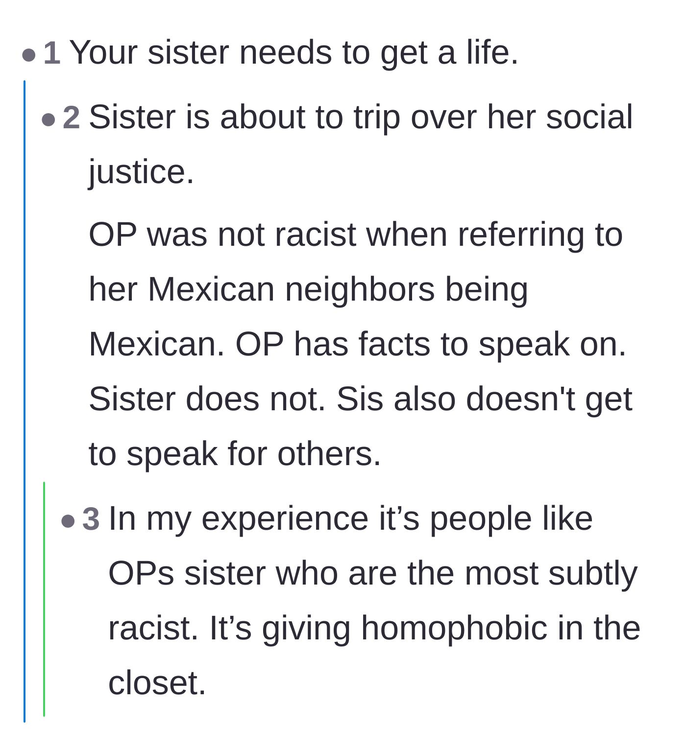 Comment thread 3 - Comments calling the sister a social justice warrior who is actually being subtly racist by lumping distinct cultures together.