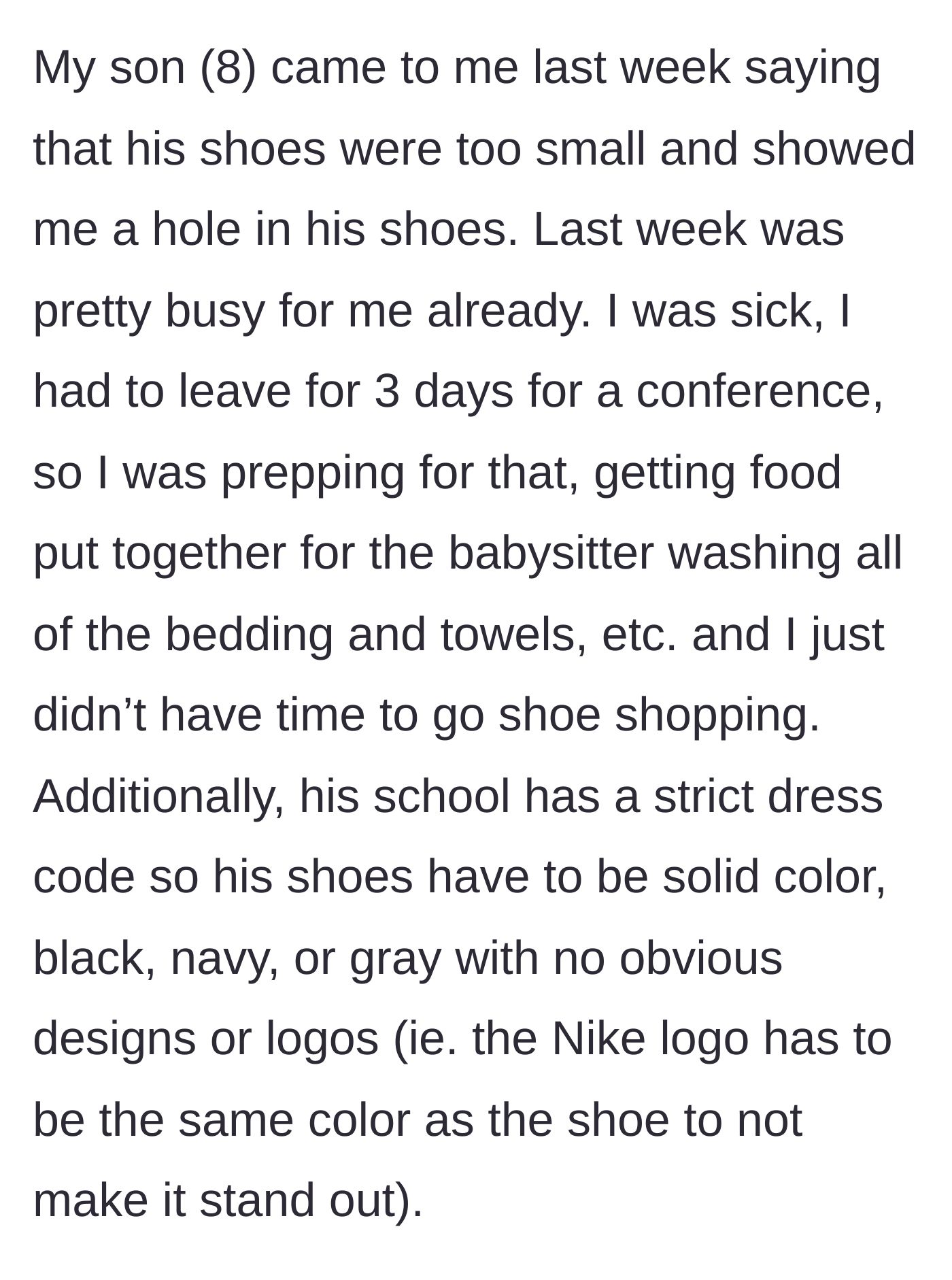 Story part 1 - A stressed parent discovers their son's shoes have a hole right before a busy week and a strict school dress code complicates buying a new pair.