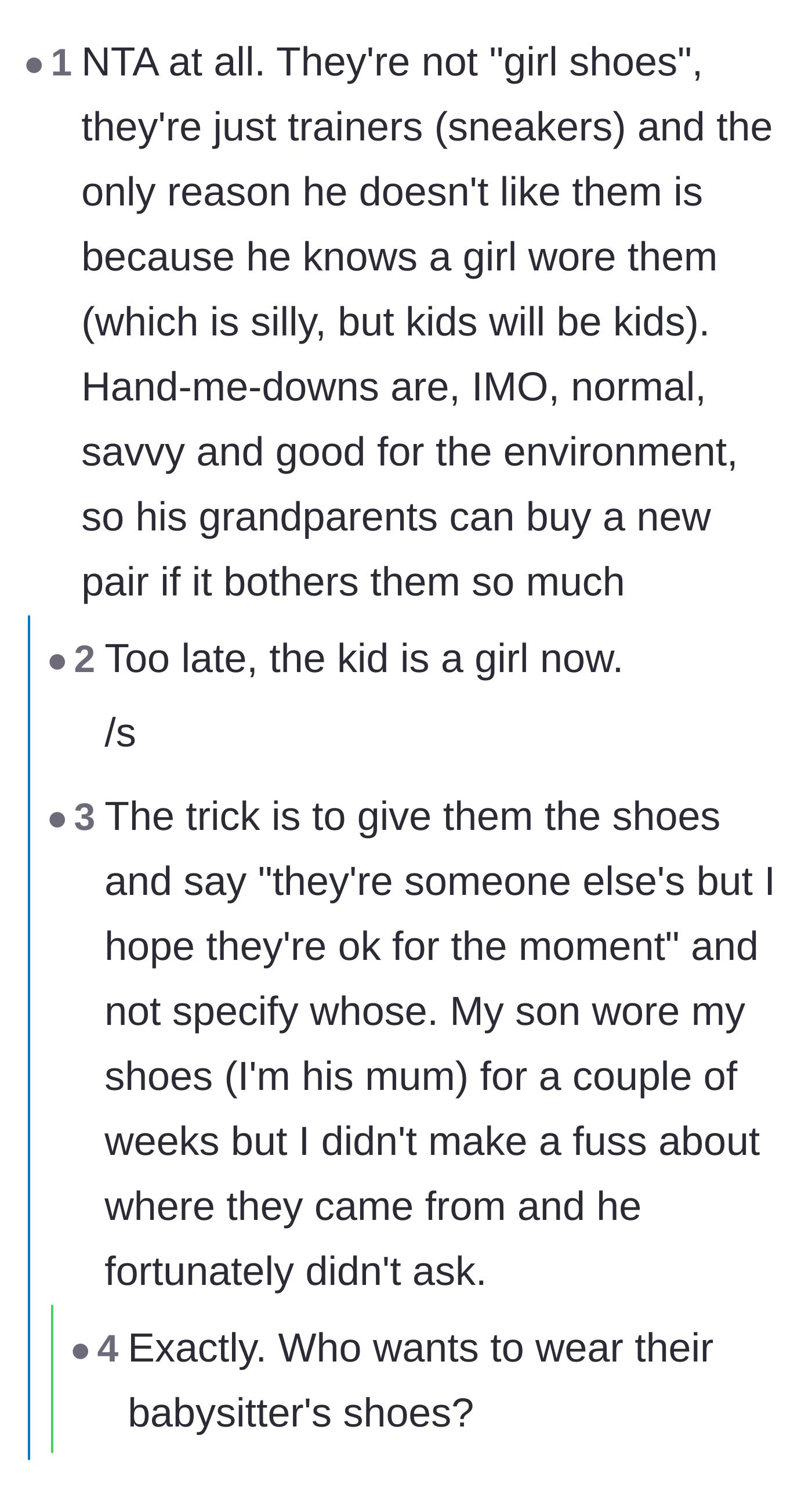 Comment thread 1 - A discussion on the practicality of hand-me-down clothing and the tactical parenting move of withholding a garment's origin story.