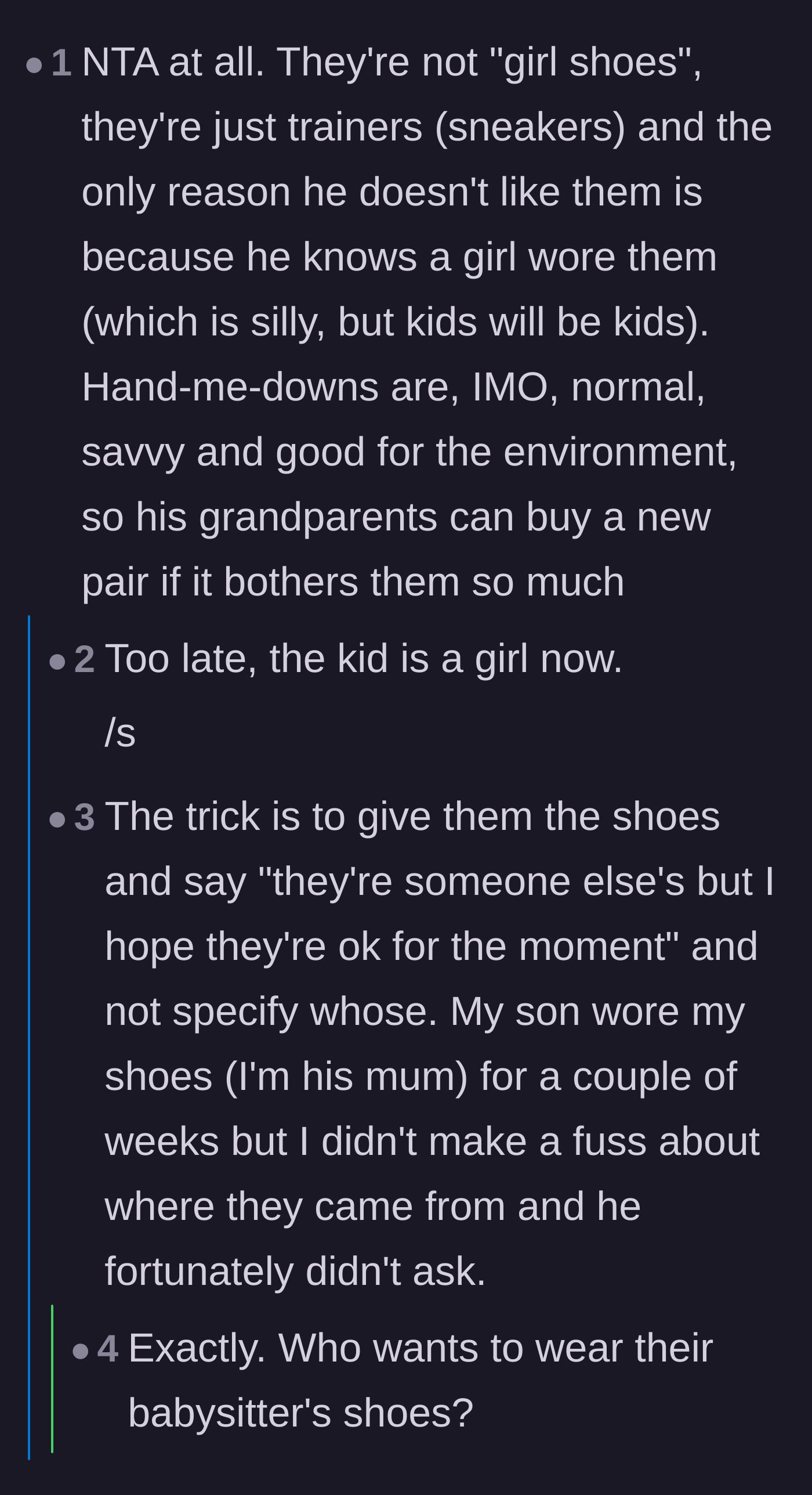 Comment thread 1 - A discussion on the practicality of hand-me-down clothing and the tactical parenting move of withholding a garment's origin story.