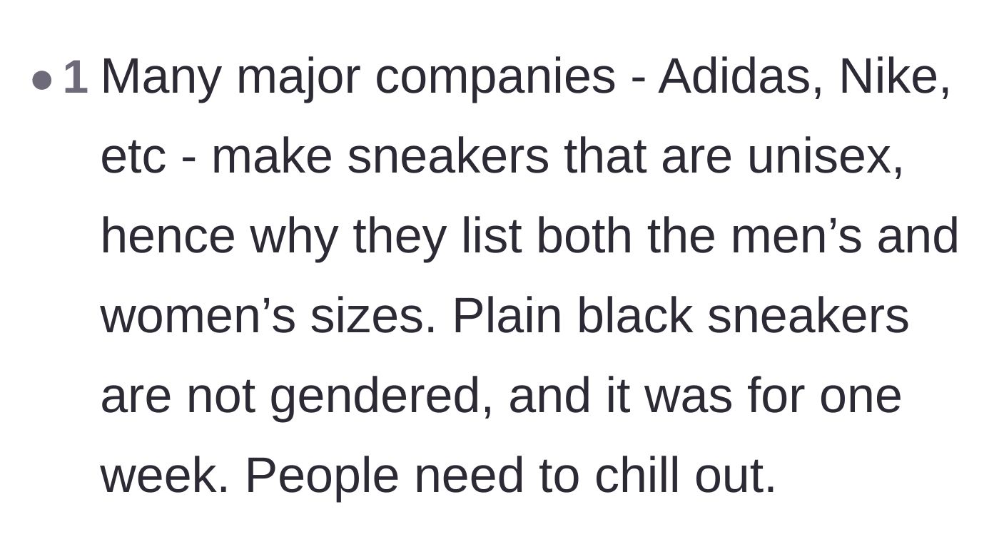 Comment thread 2 - A reminder that major footwear brands inherently design plain athletic shoes to be completely unisex.