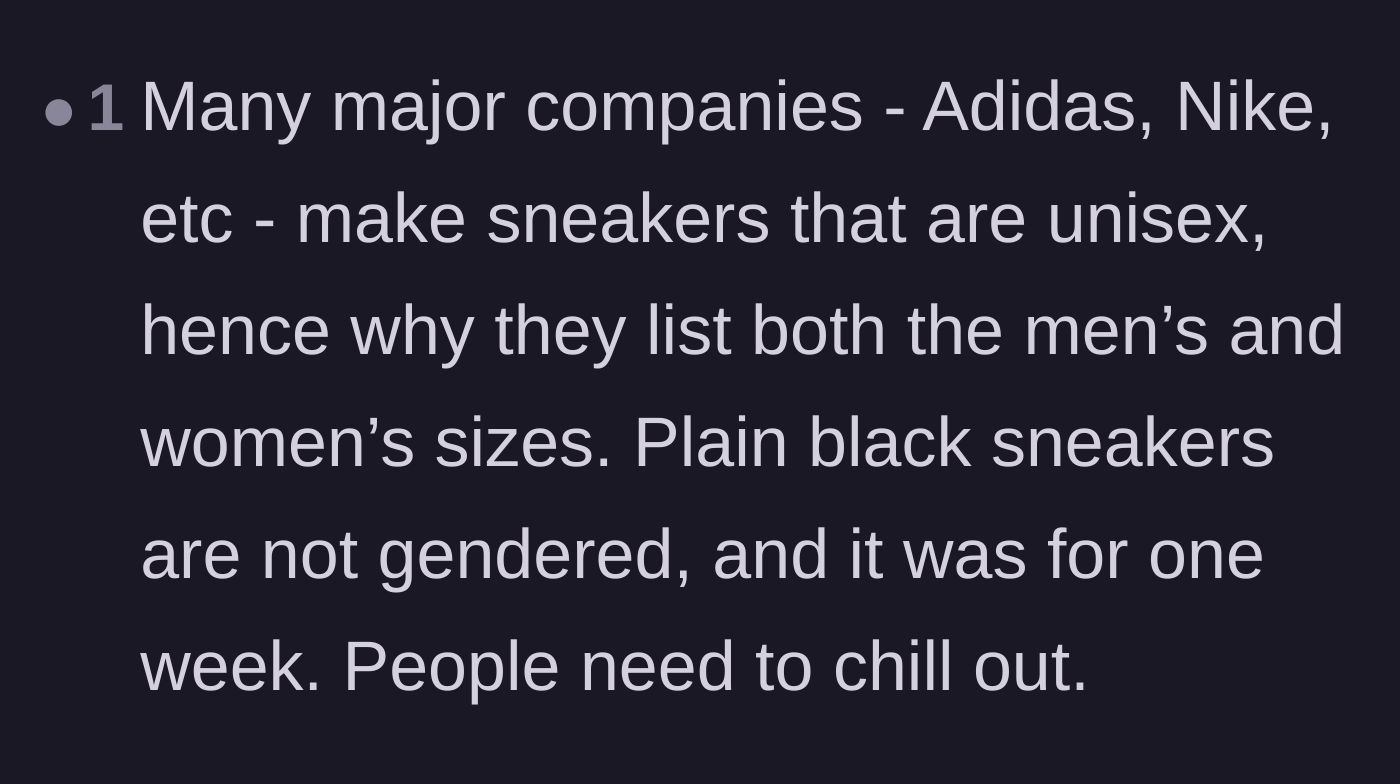 Comment thread 2 - A reminder that major footwear brands inherently design plain athletic shoes to be completely unisex.