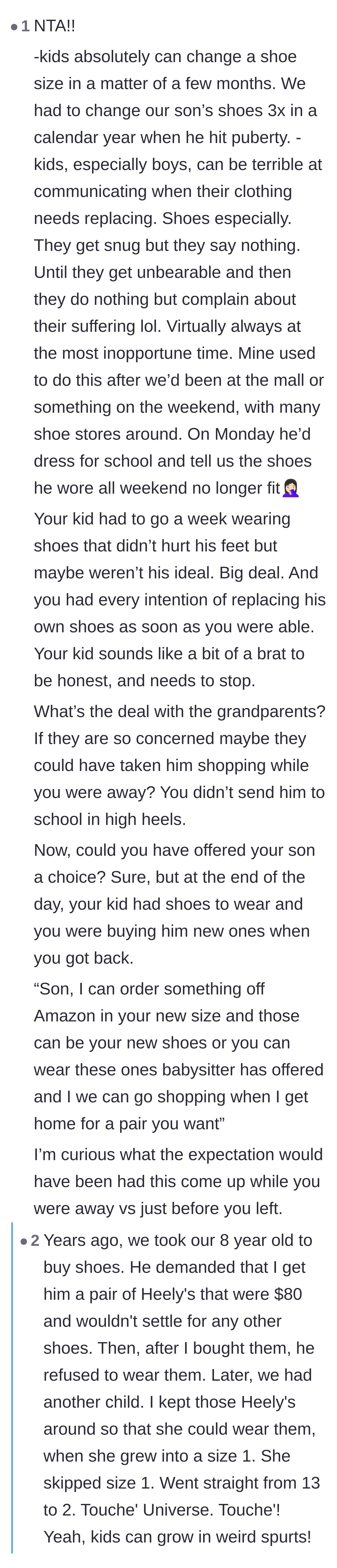 Comment thread 3 - An expansive thread detailing the universal phenomenon of children outgrowing shoes overnight and failing to communicate their discomfort.