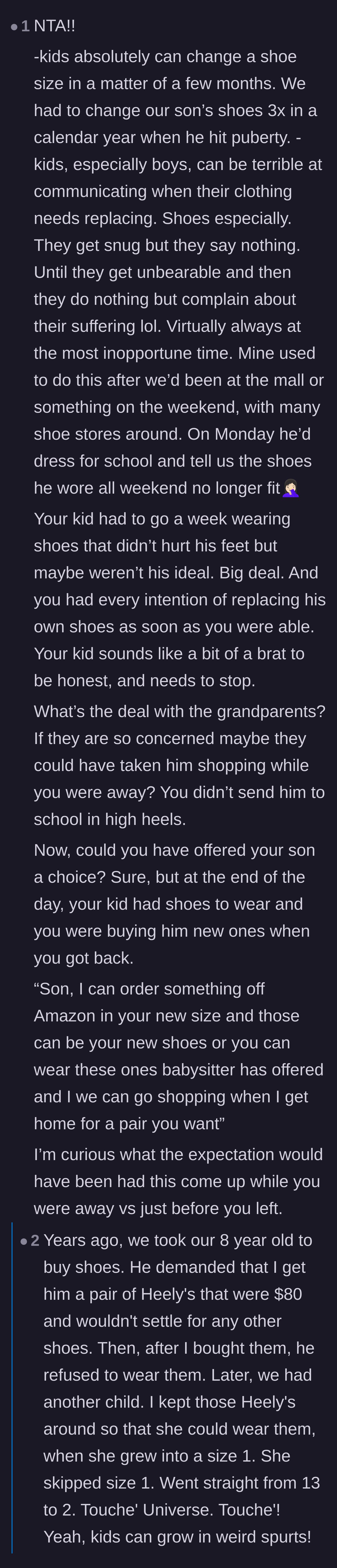 Comment thread 3 - An expansive thread detailing the universal phenomenon of children outgrowing shoes overnight and failing to communicate their discomfort.