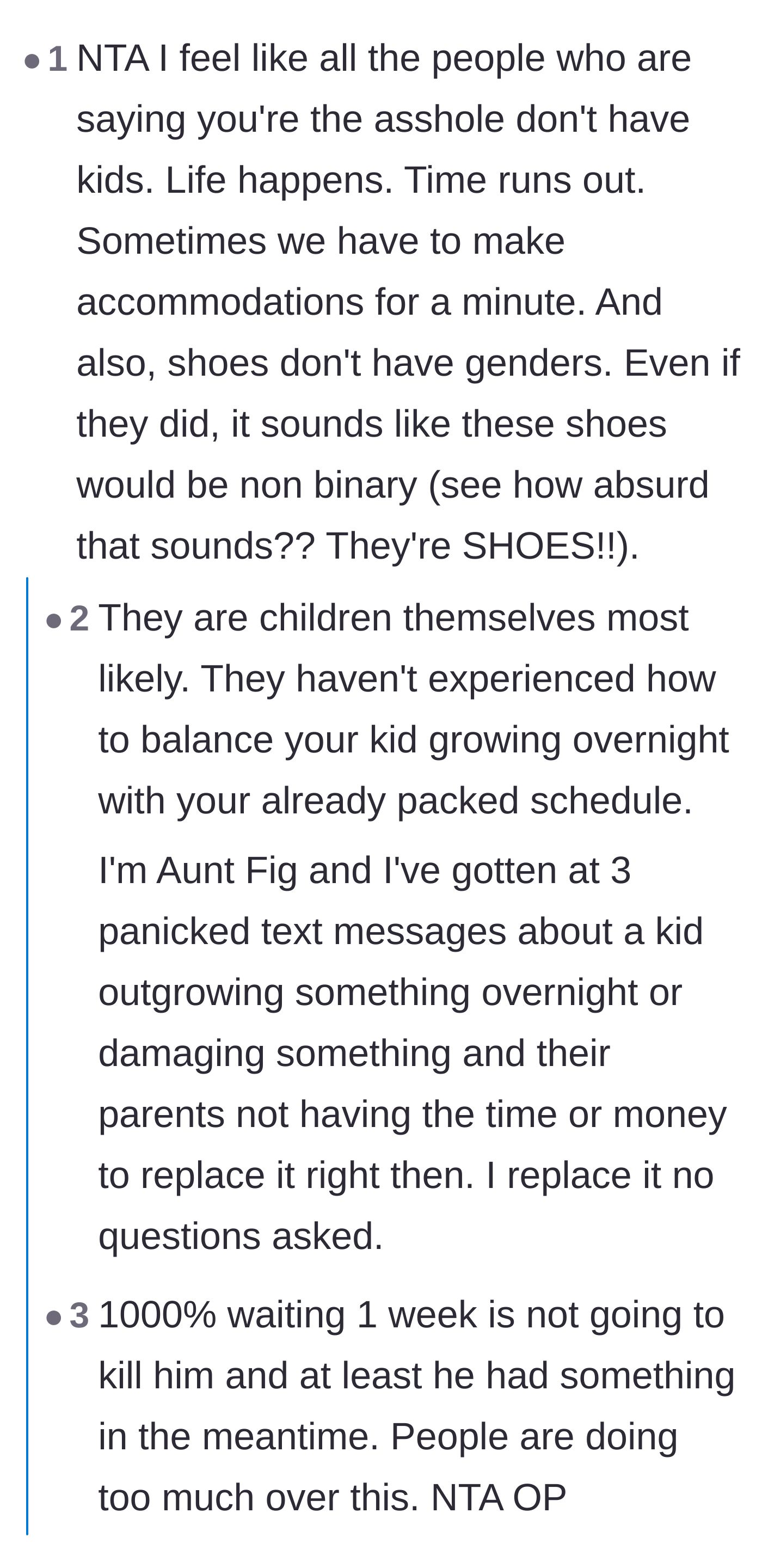 Comment thread 4 - A defense of the parent's short-term accommodation, pointing out that critics likely lack real-world experience with child-rearing emergencies.