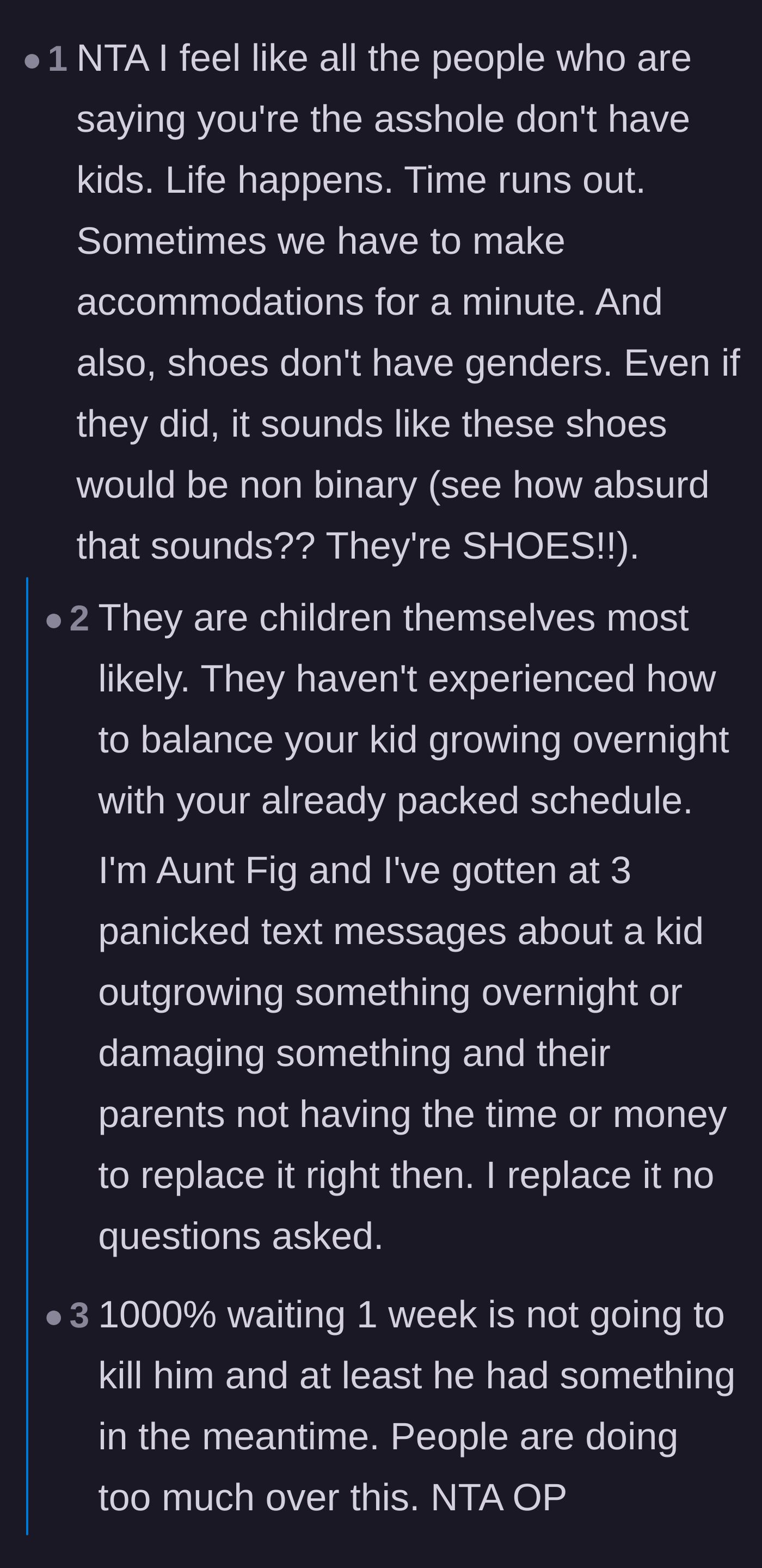 Comment thread 4 - A defense of the parent's short-term accommodation, pointing out that critics likely lack real-world experience with child-rearing emergencies.