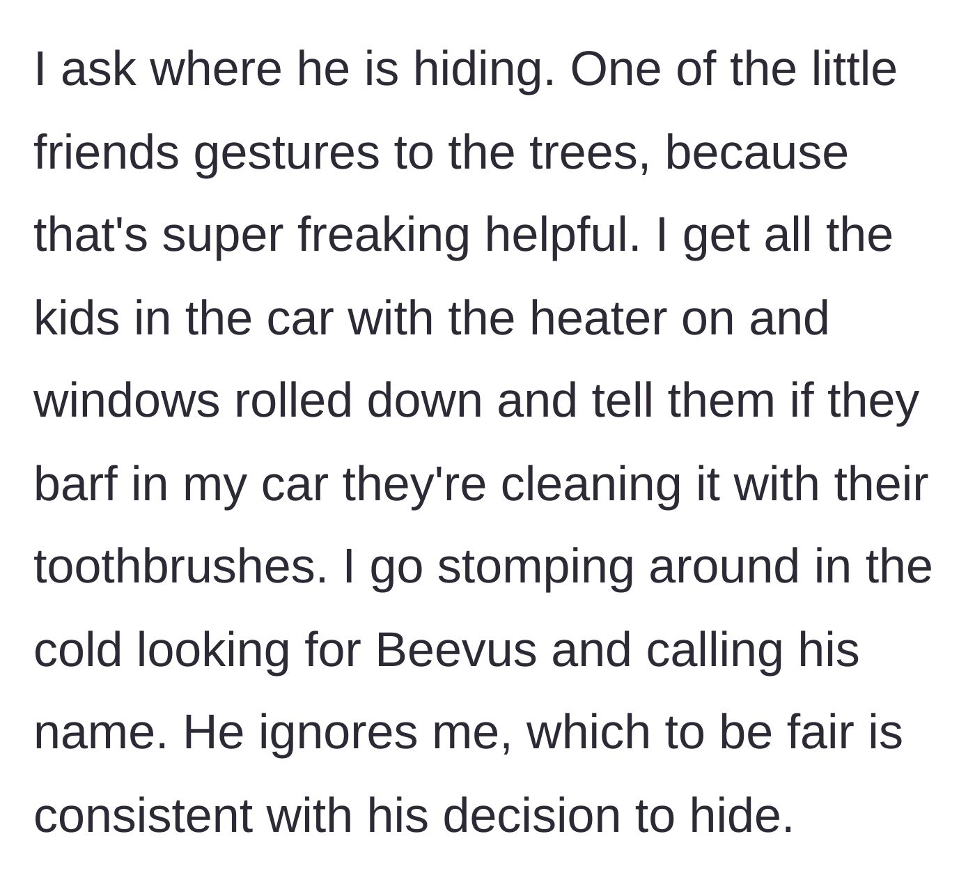 Story part 3 - A frustrated parent searching a dark, cold wooded area while teens sit in a car.