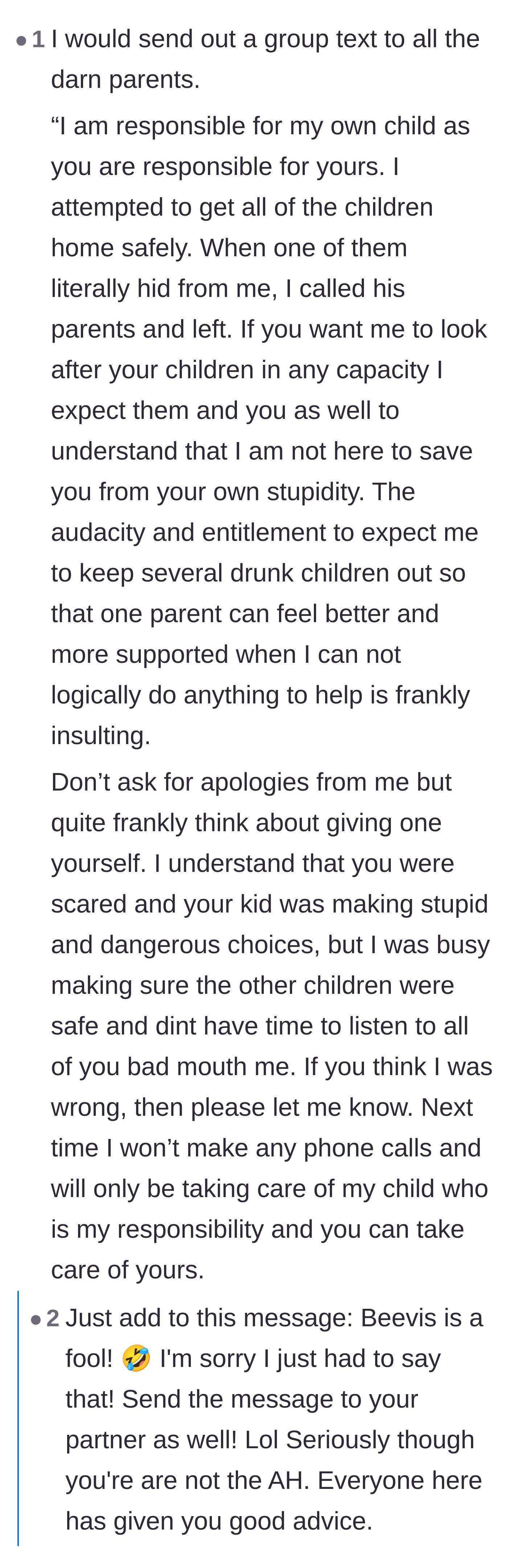 Comment thread 2 - A drafted group text telling off the entitled parents, with replies suggesting shorter, punchier alternatives.