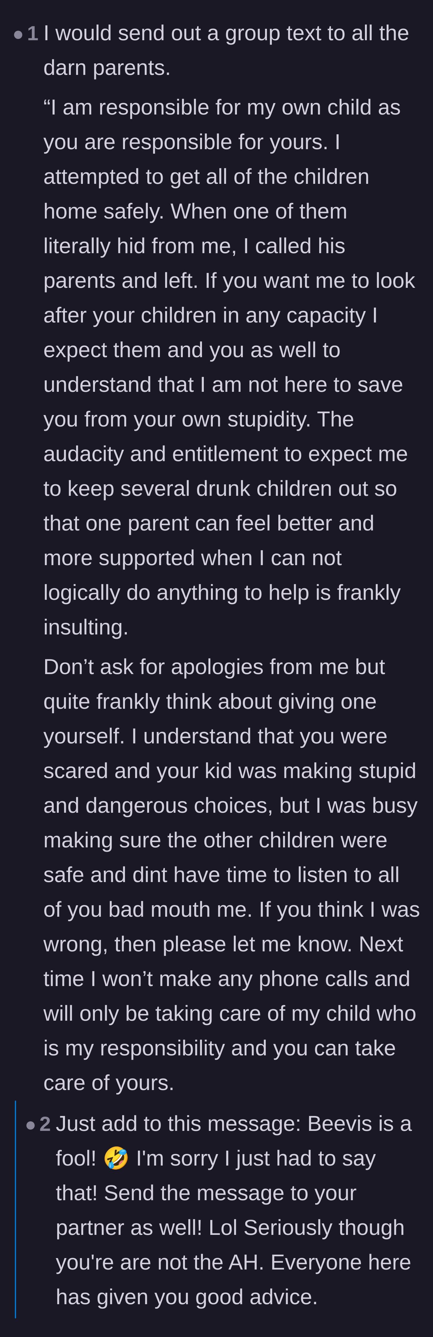 Comment thread 2 - A drafted group text telling off the entitled parents, with replies suggesting shorter, punchier alternatives.