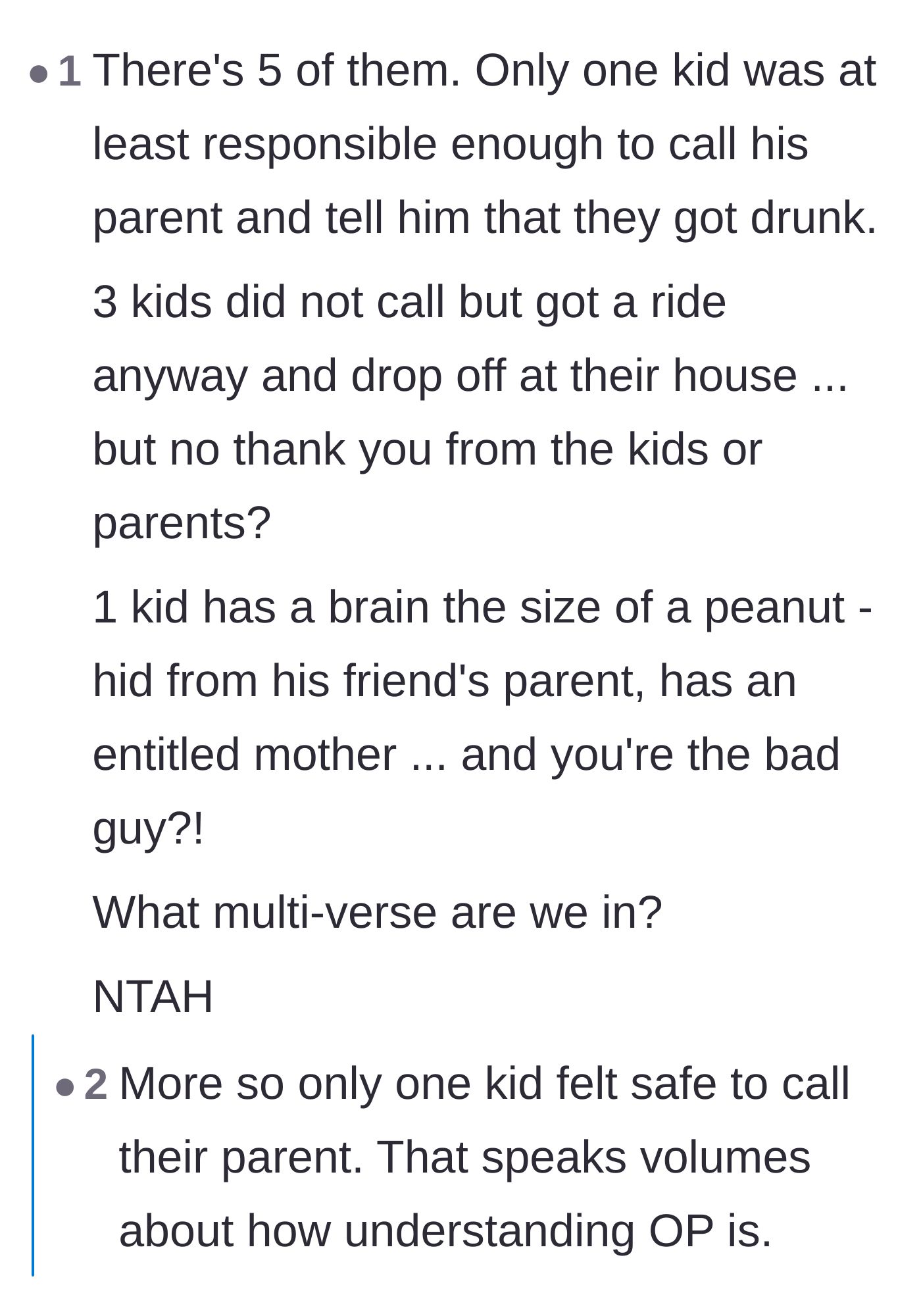 Comment thread 4 - A breakdown of the math showing how ungrateful the other kids and parents were despite getting free rides home.