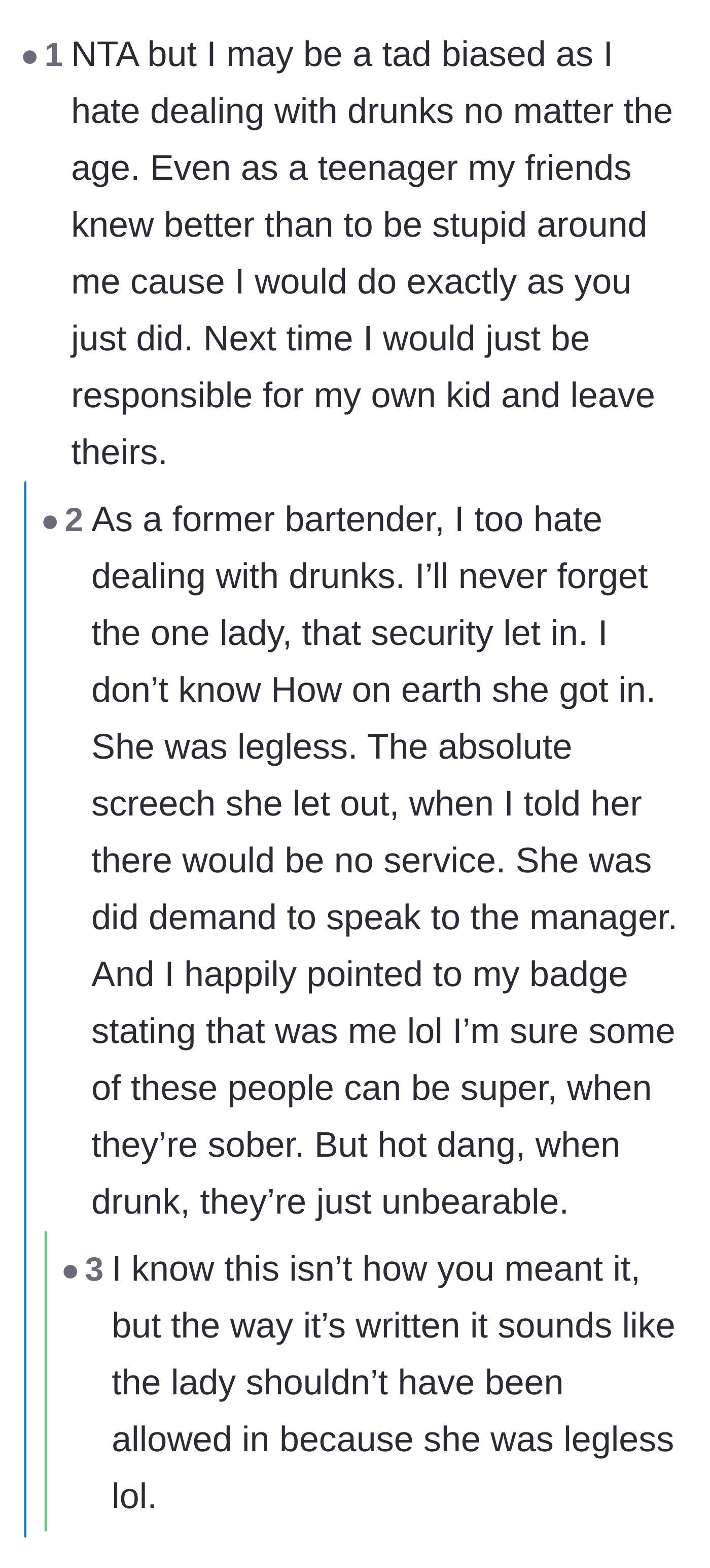 Comment thread 6 - A former bartender sharing a hilarious misunderstanding about using the Australian slang 'legless' to describe a drunk patron.