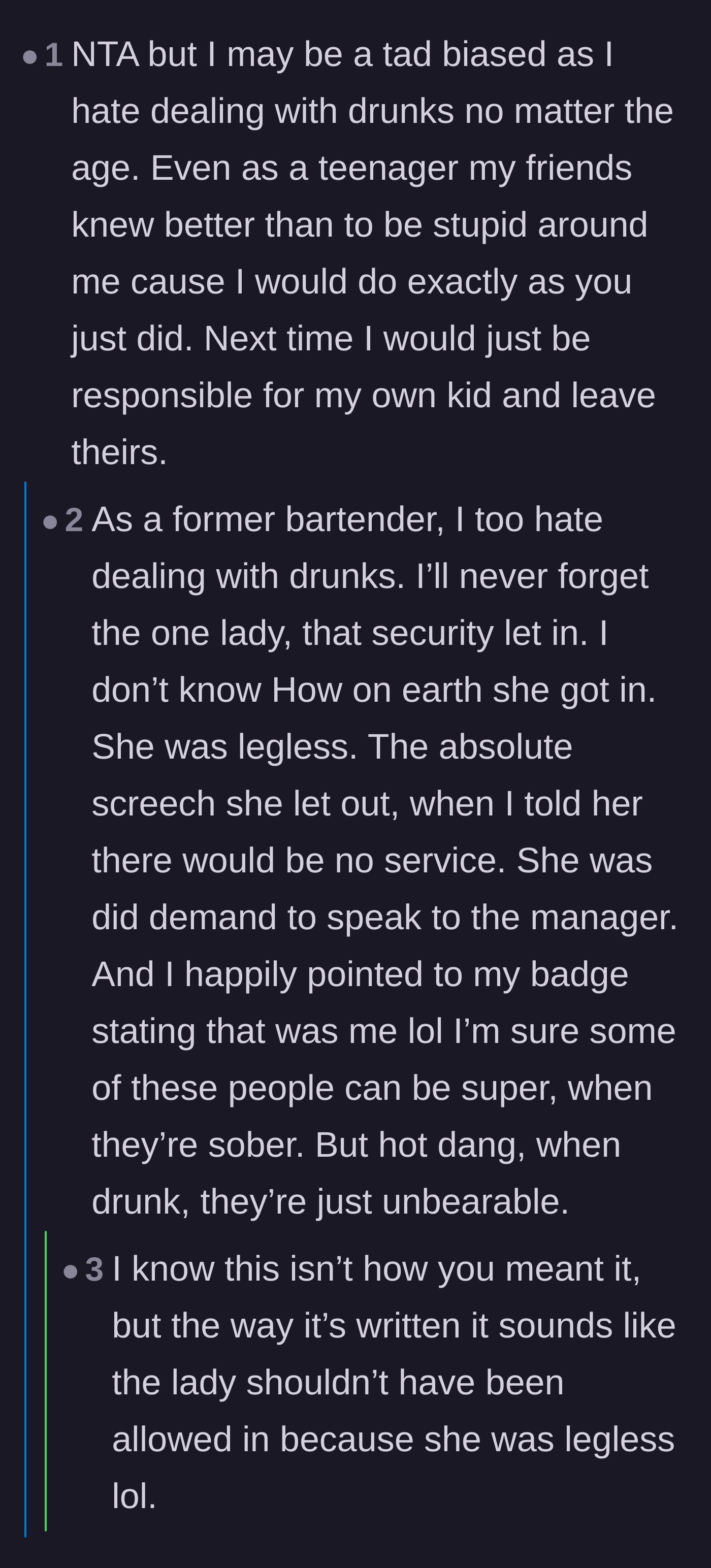 Comment thread 6 - A former bartender sharing a hilarious misunderstanding about using the Australian slang 'legless' to describe a drunk patron.
