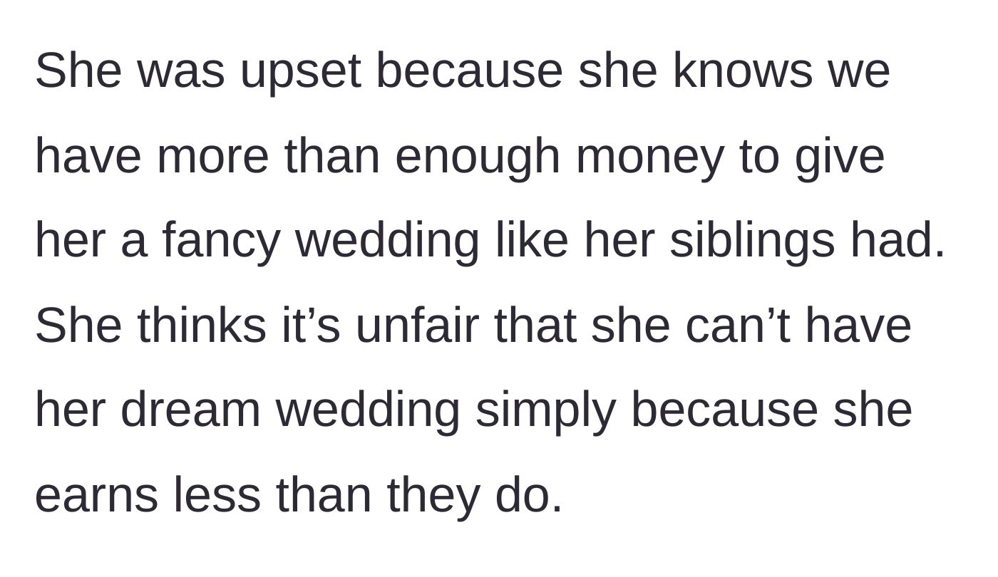 Story part 6 - Maria throwing a fit, claiming it is unfair because her parents are wealthy and she earns less than her siblings.