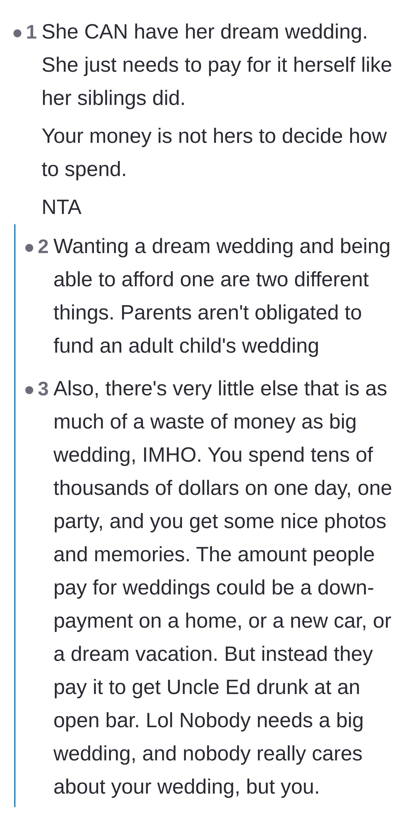 Comment thread 1 - Advice on how parents aren't obligated to fund adult children's weddings and how big weddings are ultimately a waste of money.