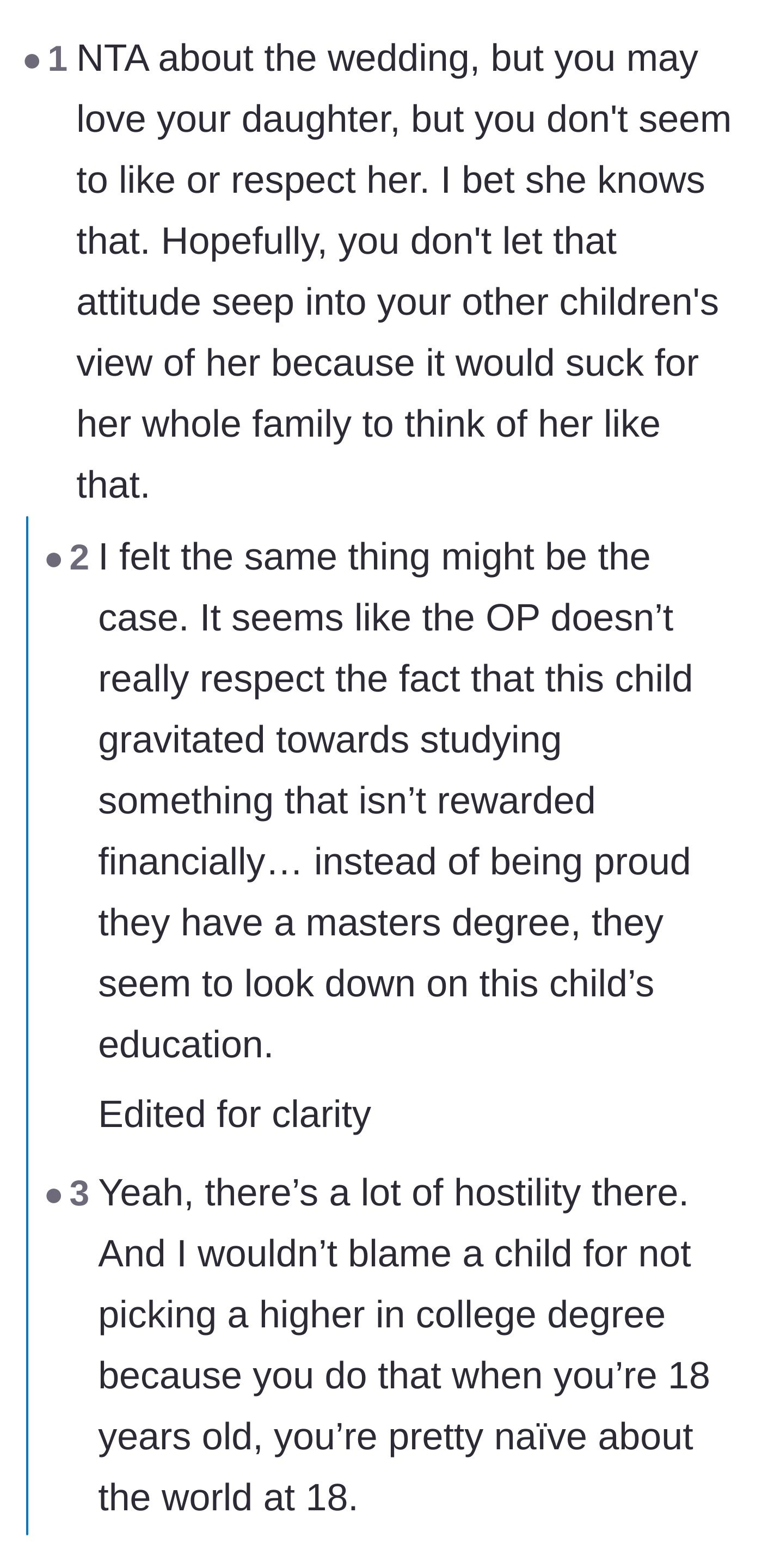 Comment thread 2 - A massive debate over whether the parent is just being factual about the daughter's struggles or secretly judging her career choices.