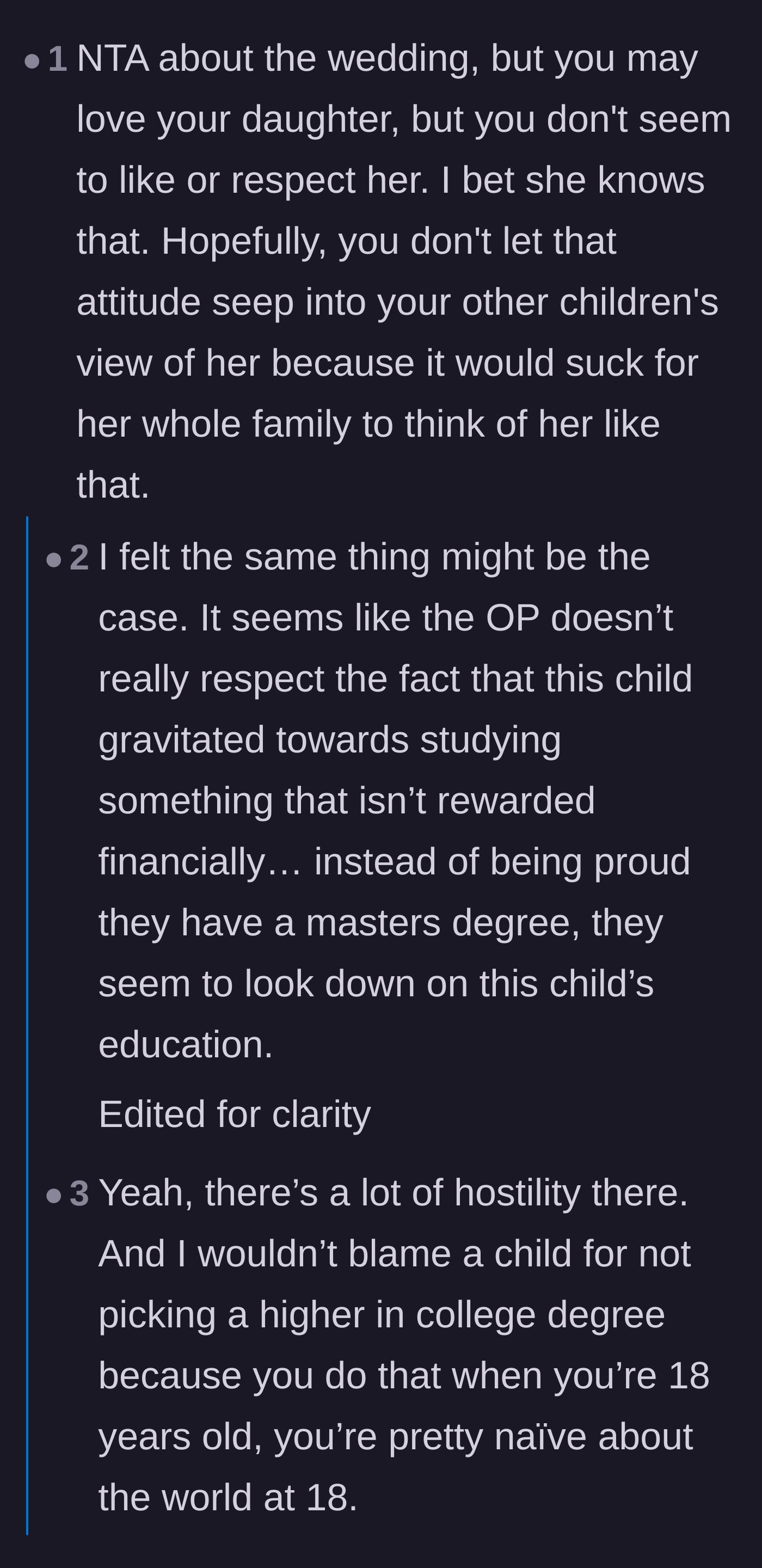 Comment thread 2 - A massive debate over whether the parent is just being factual about the daughter's struggles or secretly judging her career choices.