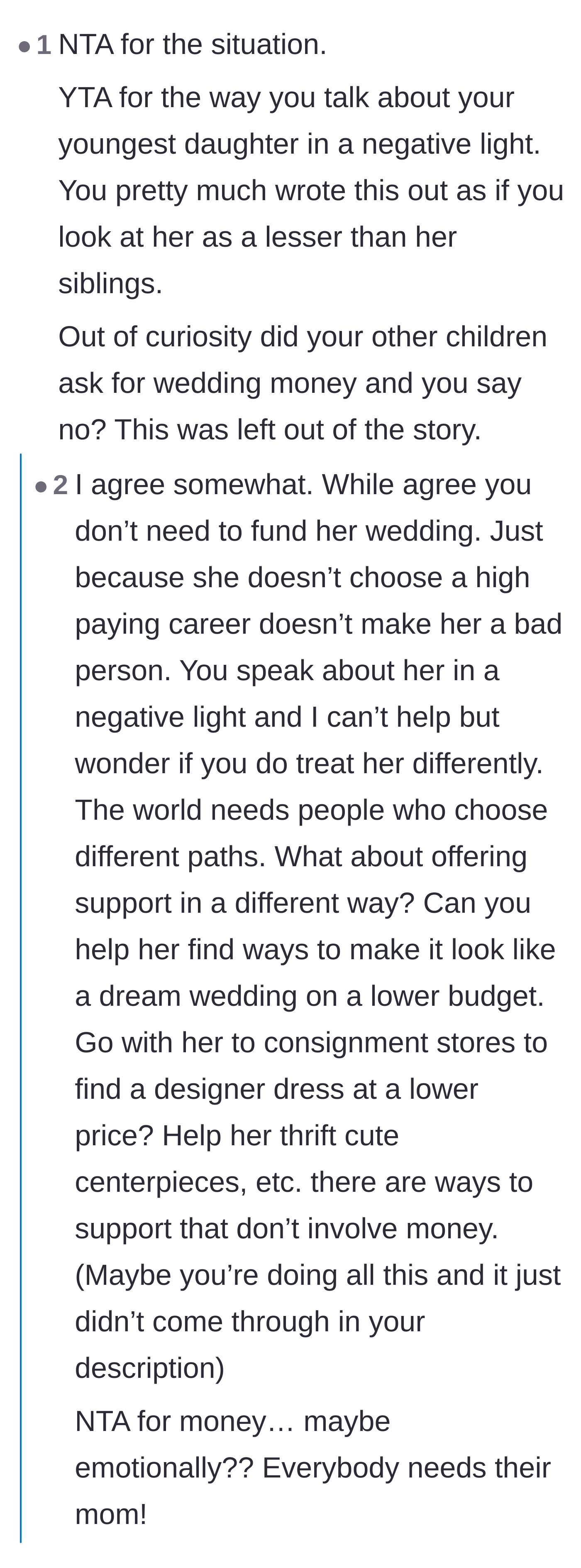 Comment thread 3 - Discussion about the emotional tone of the parent's post and whether setting strict rules means they view the youngest daughter as lesser.
