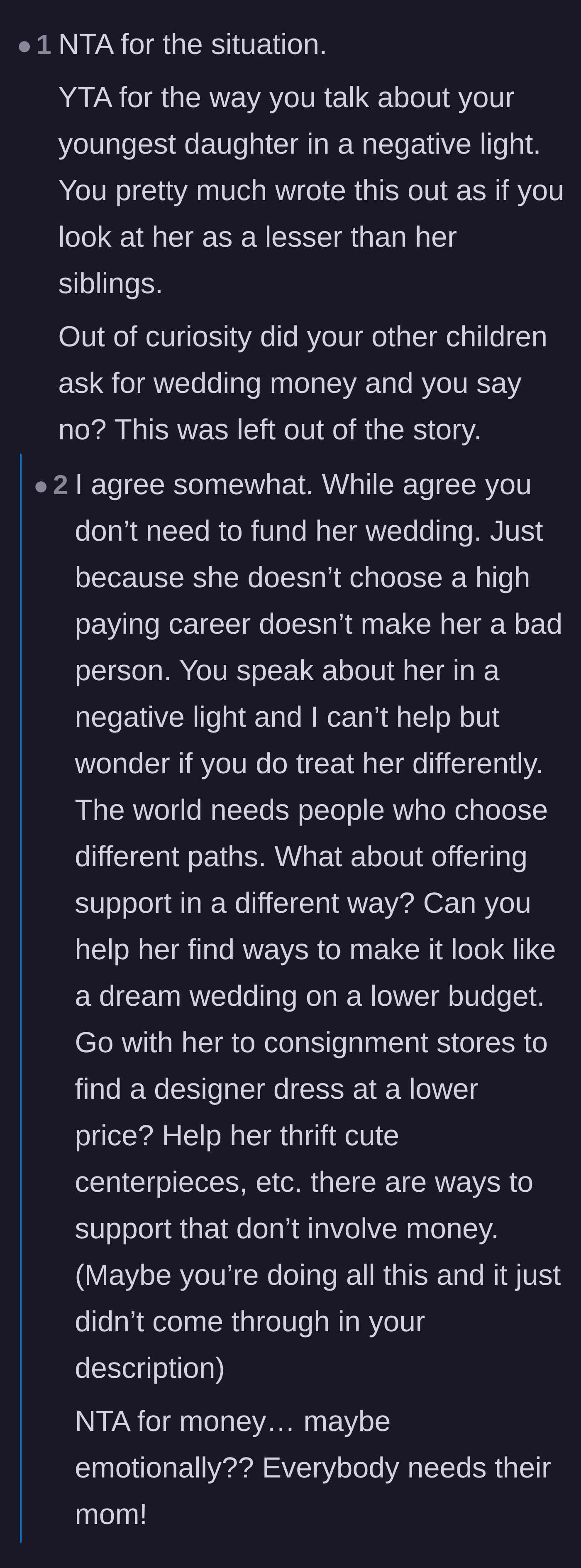 Comment thread 3 - Discussion about the emotional tone of the parent's post and whether setting strict rules means they view the youngest daughter as lesser.