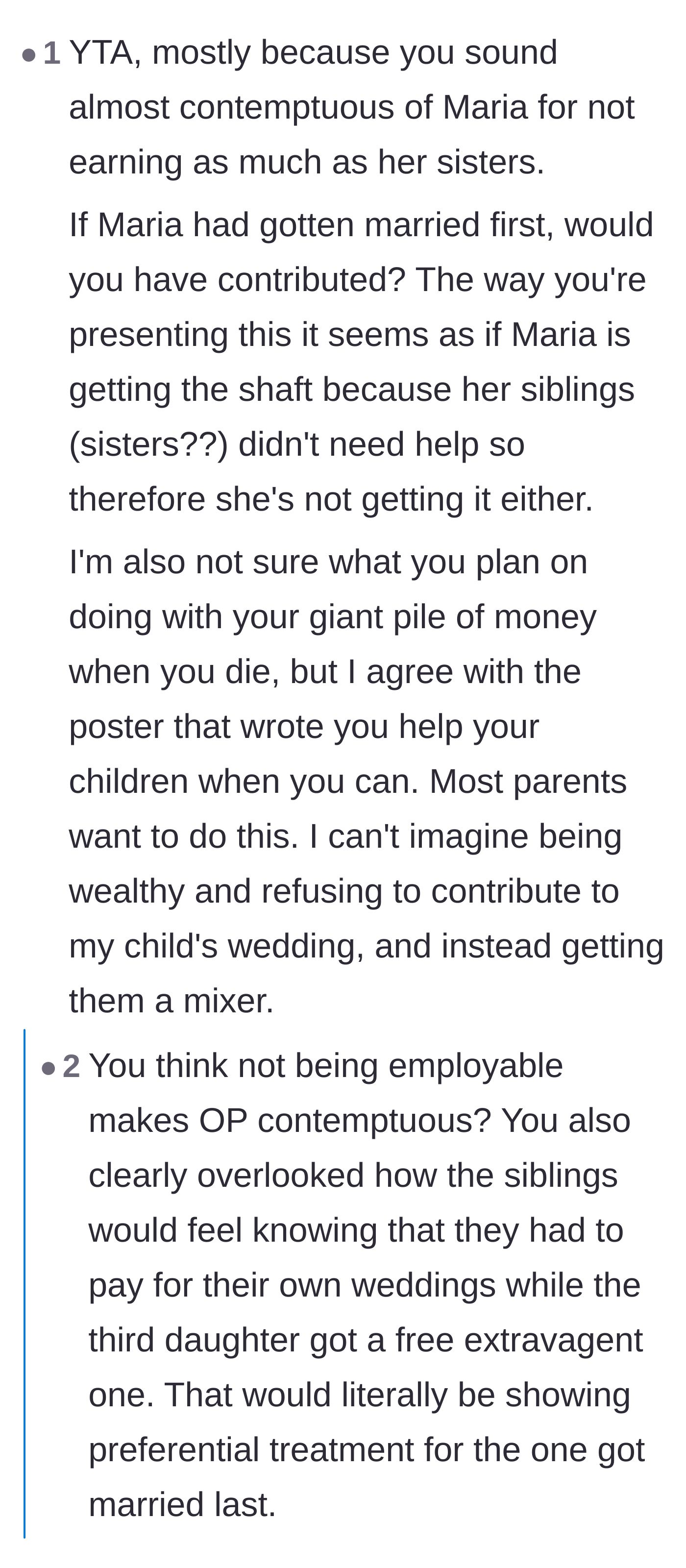 Comment thread 4 - Debate involving wealthier siblings discussing whether they would actually be jealous if the parents broke their own rules to fund the youngest daughter's wedding.