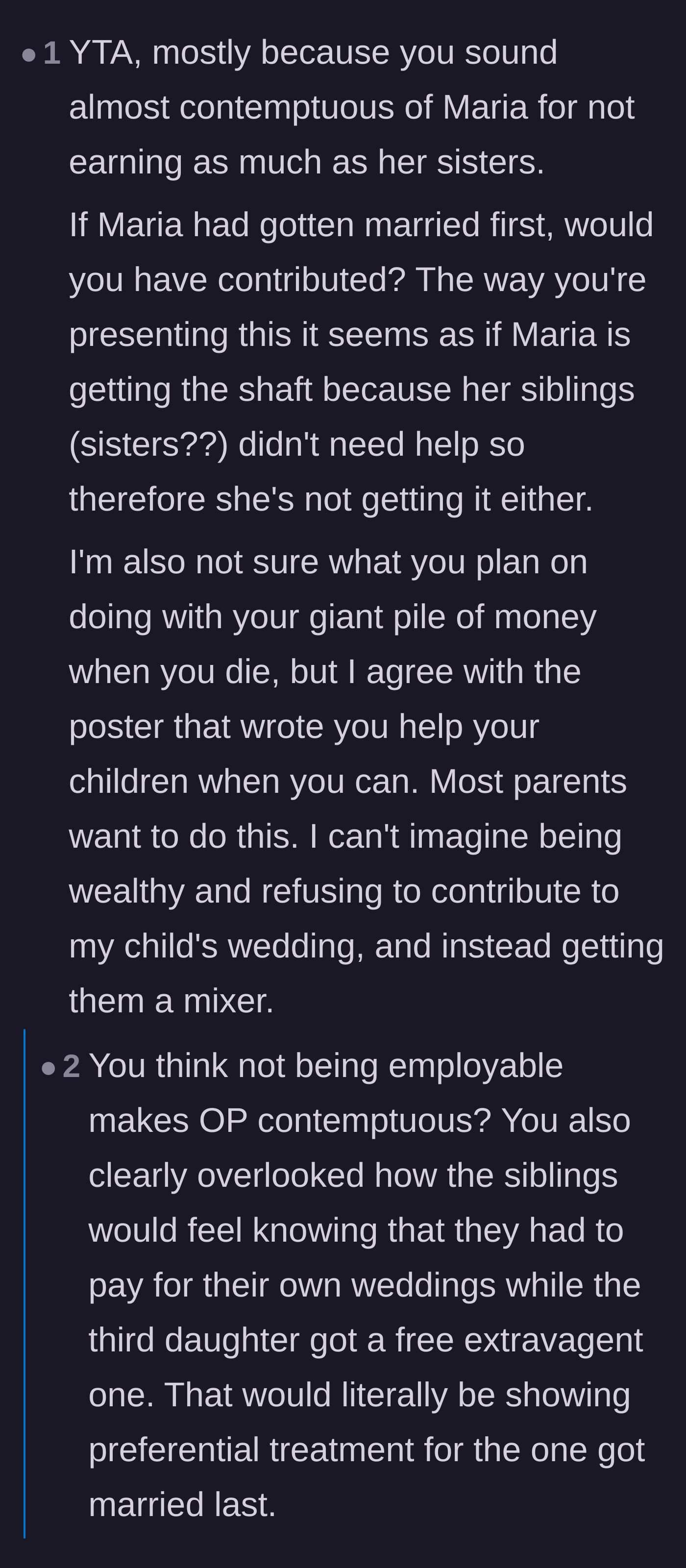 Comment thread 4 - Debate involving wealthier siblings discussing whether they would actually be jealous if the parents broke their own rules to fund the youngest daughter's wedding.