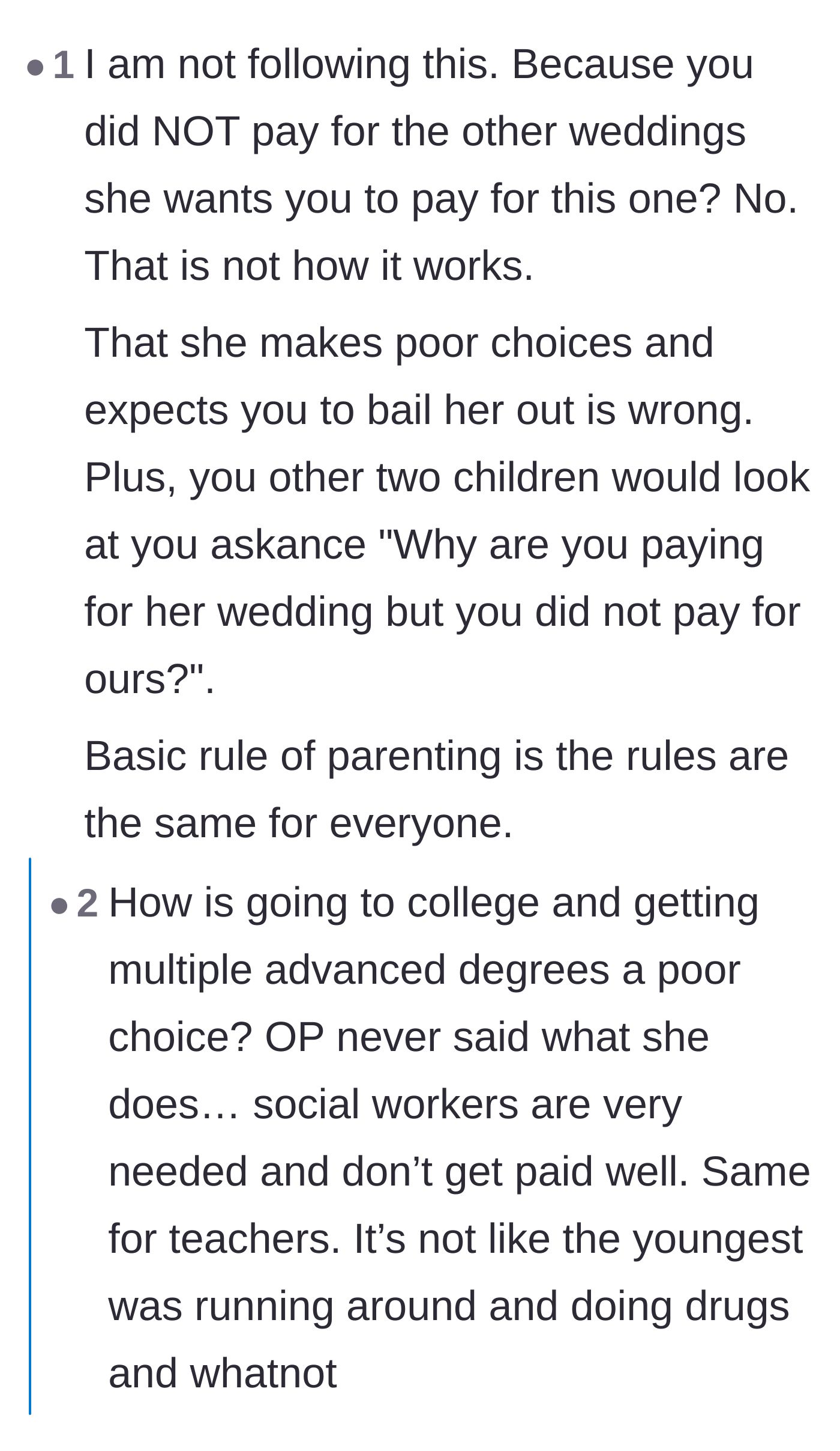 Comment thread 6 - Disagreement over whether choosing a low-paying but essential career like teaching or social work constitutes a poor choice that shouldn't be bailed out.